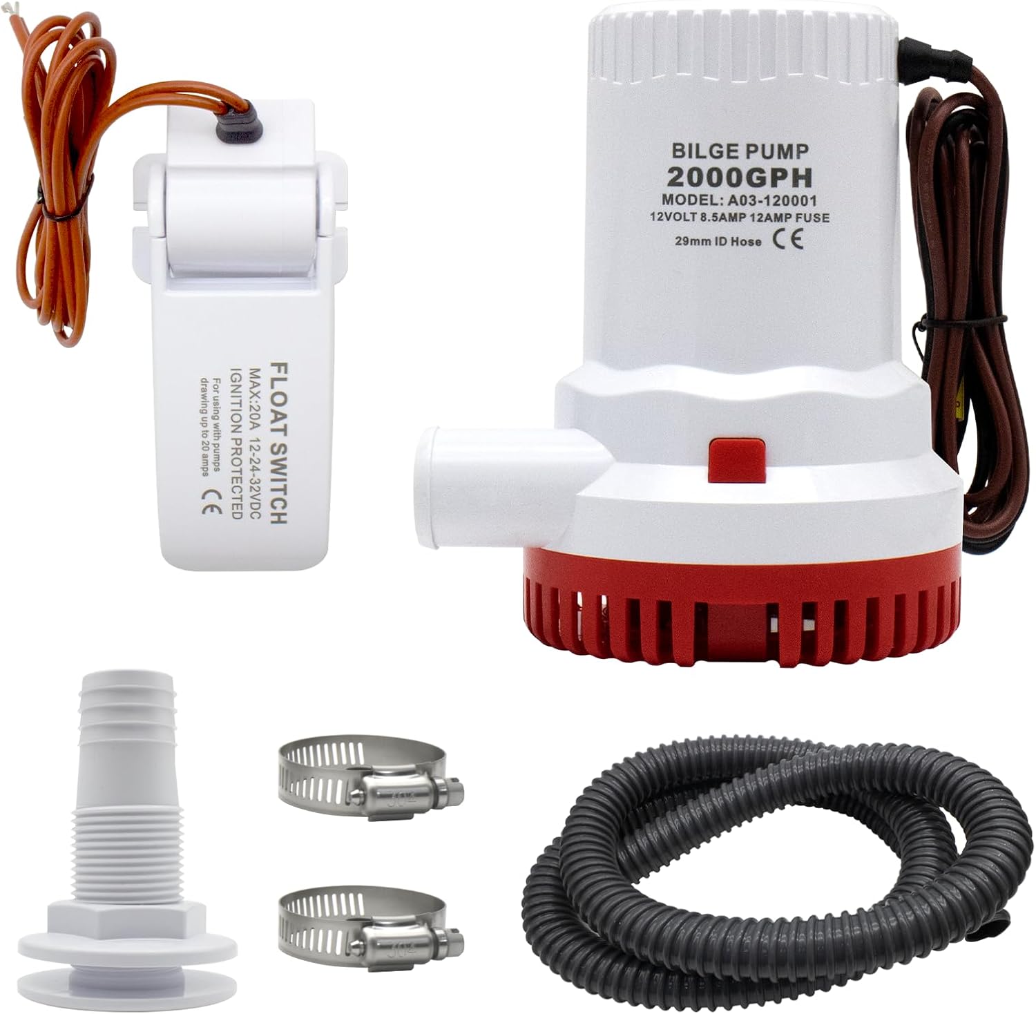 2000GPH 12V Automatic Bilge Pump Kit with Float Switch - Includes 6FT Kink-Free PVC Hose,2 Stainless Steel Clamps & Thru-Hull Fitting - Ideal for Boats, Yachts, and Marine Applications