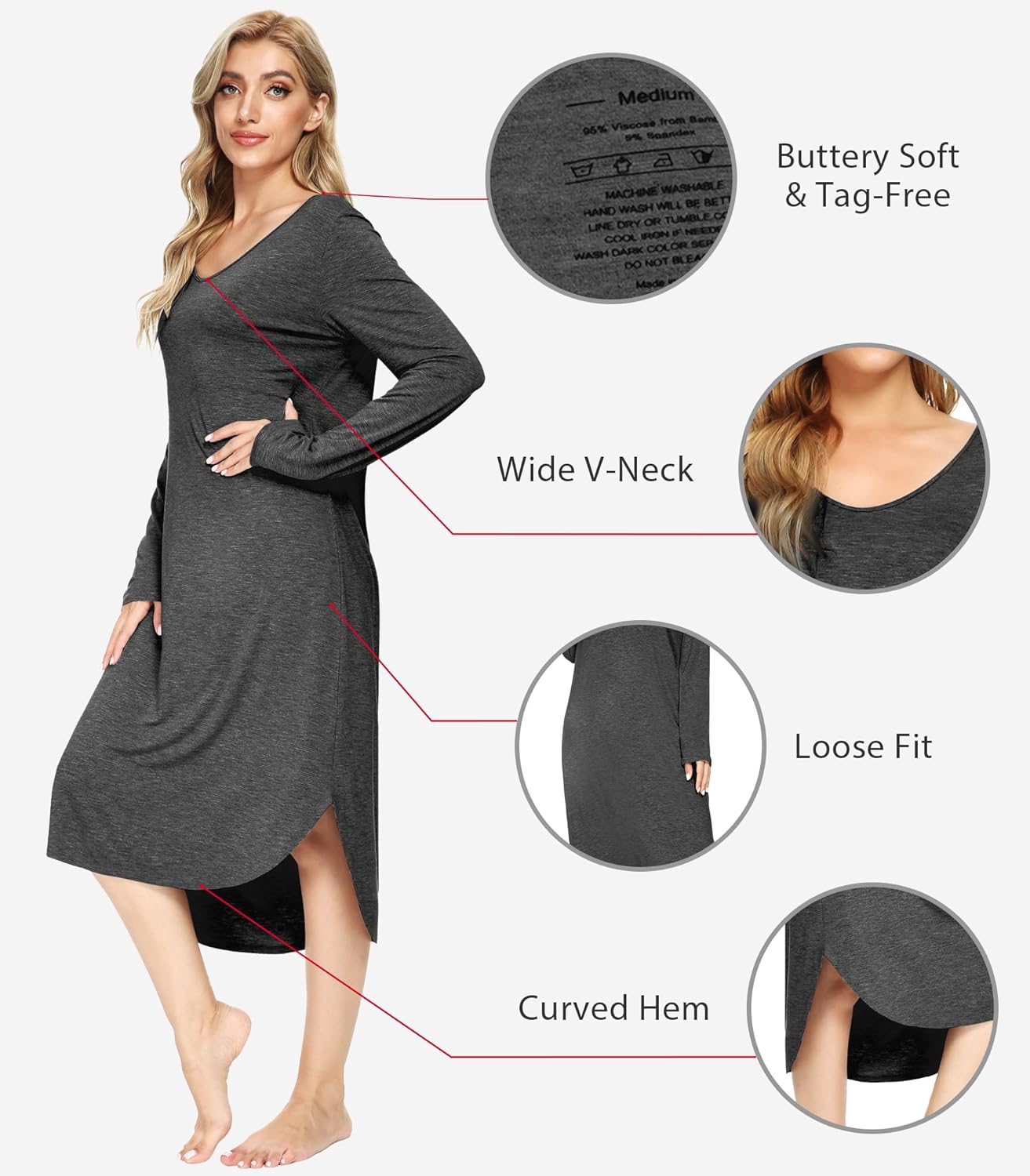 WiWi Bamboo Viscose Nightgowns for Women Soft Long Sleeve Sleep Shirt Nightshirts Cooling Pajamas Sleepwear S-4X - Image 4