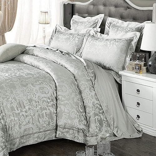 Miniatura 5 de HZH Bedding Set King Size Grey Double Duvet Covers Set Silk Cotton Double Bed Satin Jacquard 4pcs (Color  A Size  King) (D King)