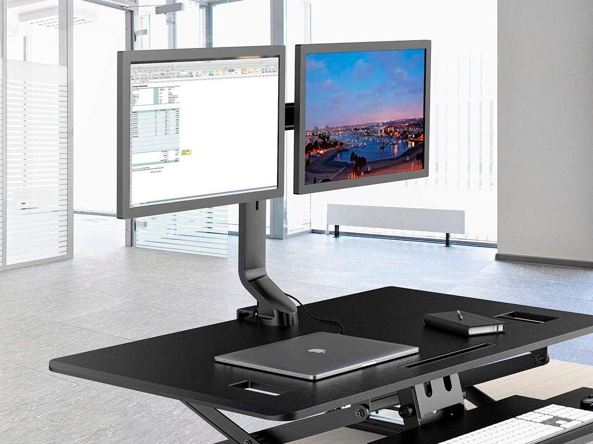Top Brands Monoprice Dual Monitor Low Profile Flat Clamp Mount - Black | Compatible with Screens Up to 27 Inches - Workstream Collection