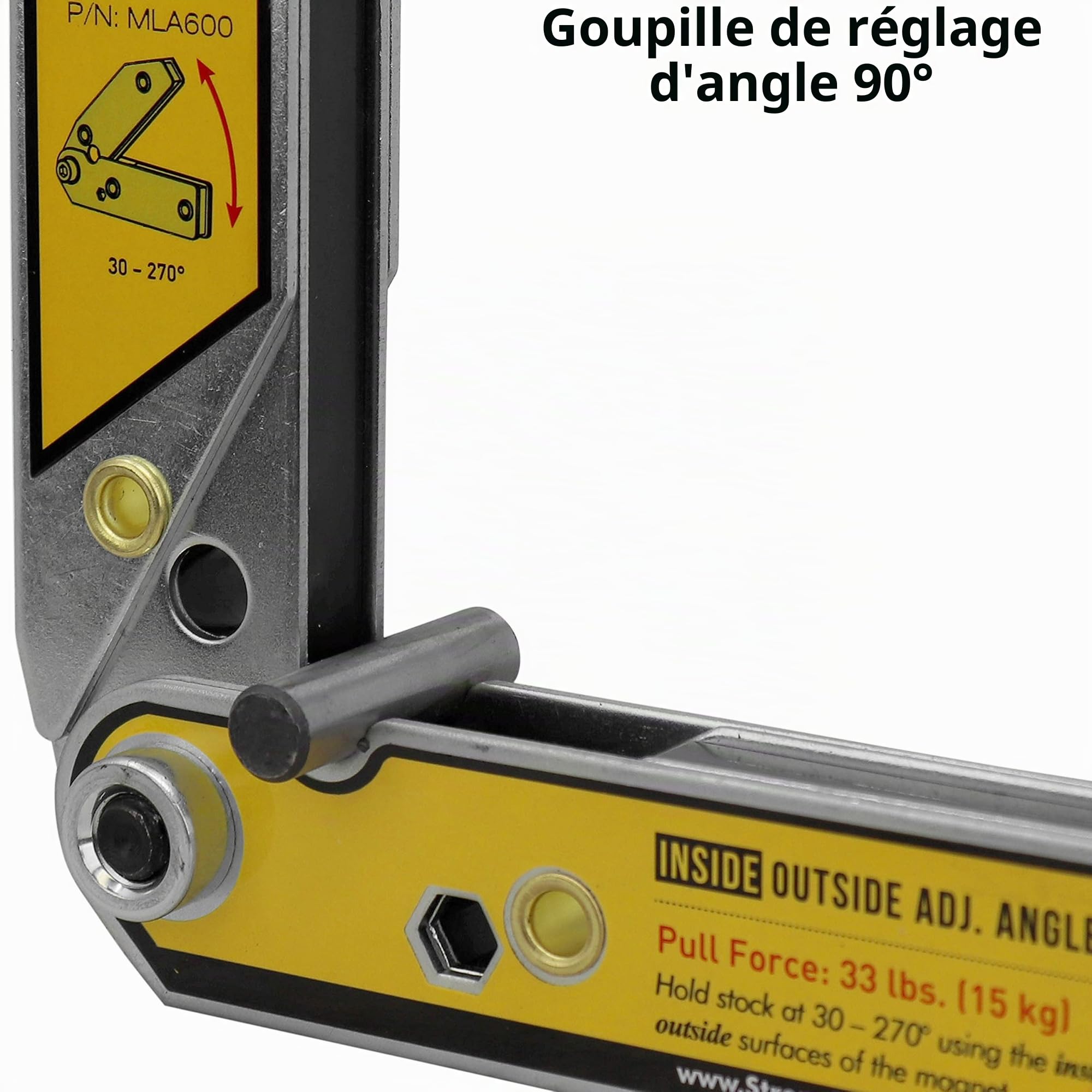Équerre magnétique à angle réglable, angle 30°-270°, aimants intérieurs/extérieurs, goupille de réglage d'angle, force de traction magnétique 11,8 kg, carré de soudure, "4,7", MLA450, Strong Hand