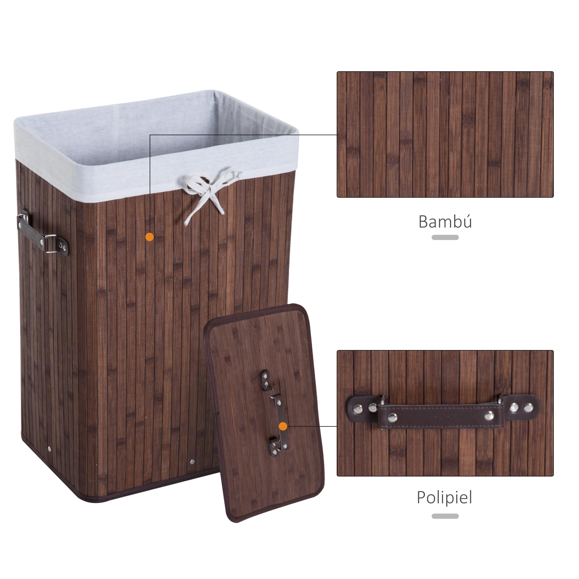 HOMCOM Cesto de Ropa Sucia Plegable con Tapa 67L, Cesta Ropa Sucia de Bambú, 2 Compartimentos, Bolsa Extraíble, para Dormitorio, Baño, Lavandería, 40x30x60 cm, Marrón