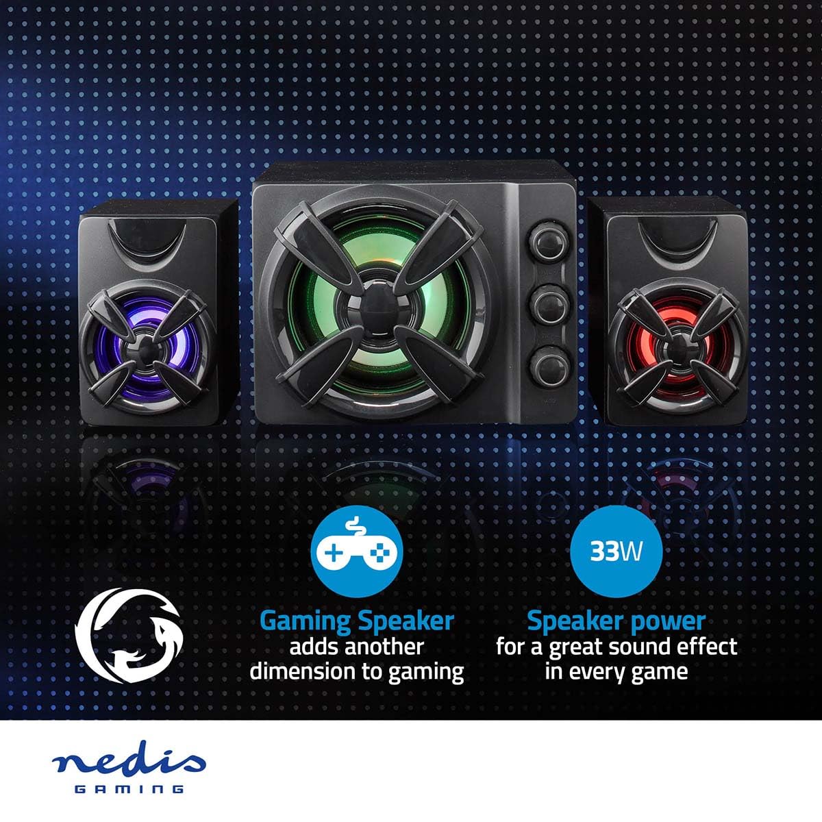 NEDIS Gaming-Lautsprecher | Lautsprecherkanäle: 2.1 | Stromversorgung über USB | 3.5 mm Stecker | 33 W | LED | Lautstärke-Regler, Black