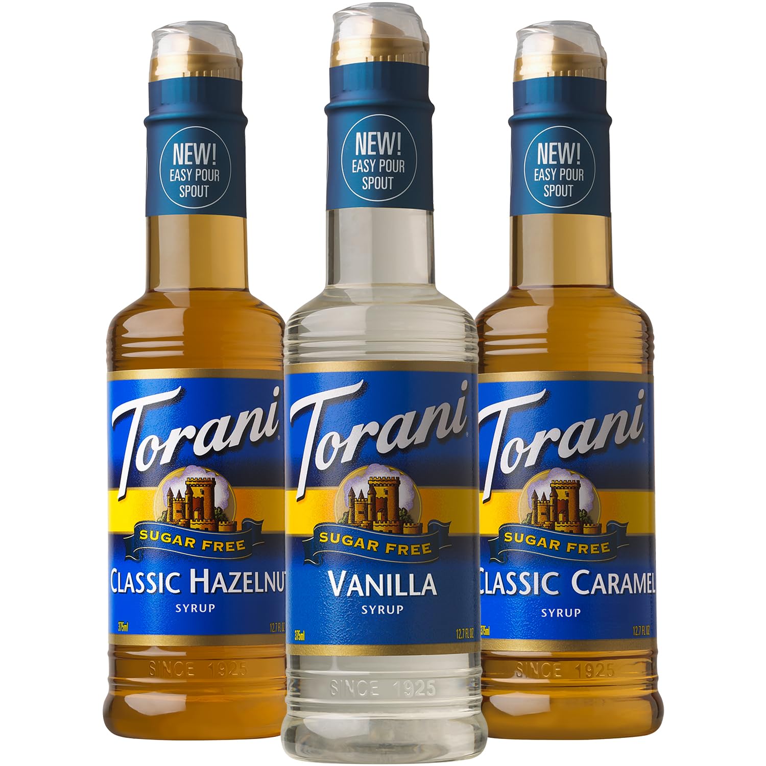 Torani Sugar Free Coffee Syrup, Vanilla, Caramel, and Classic Hazelnut Variety 3-Pack, Flavoring for Drinks, New Easy-Pour Spouts Included, Half-Size Bottles, 12.7 Fl Oz Ea