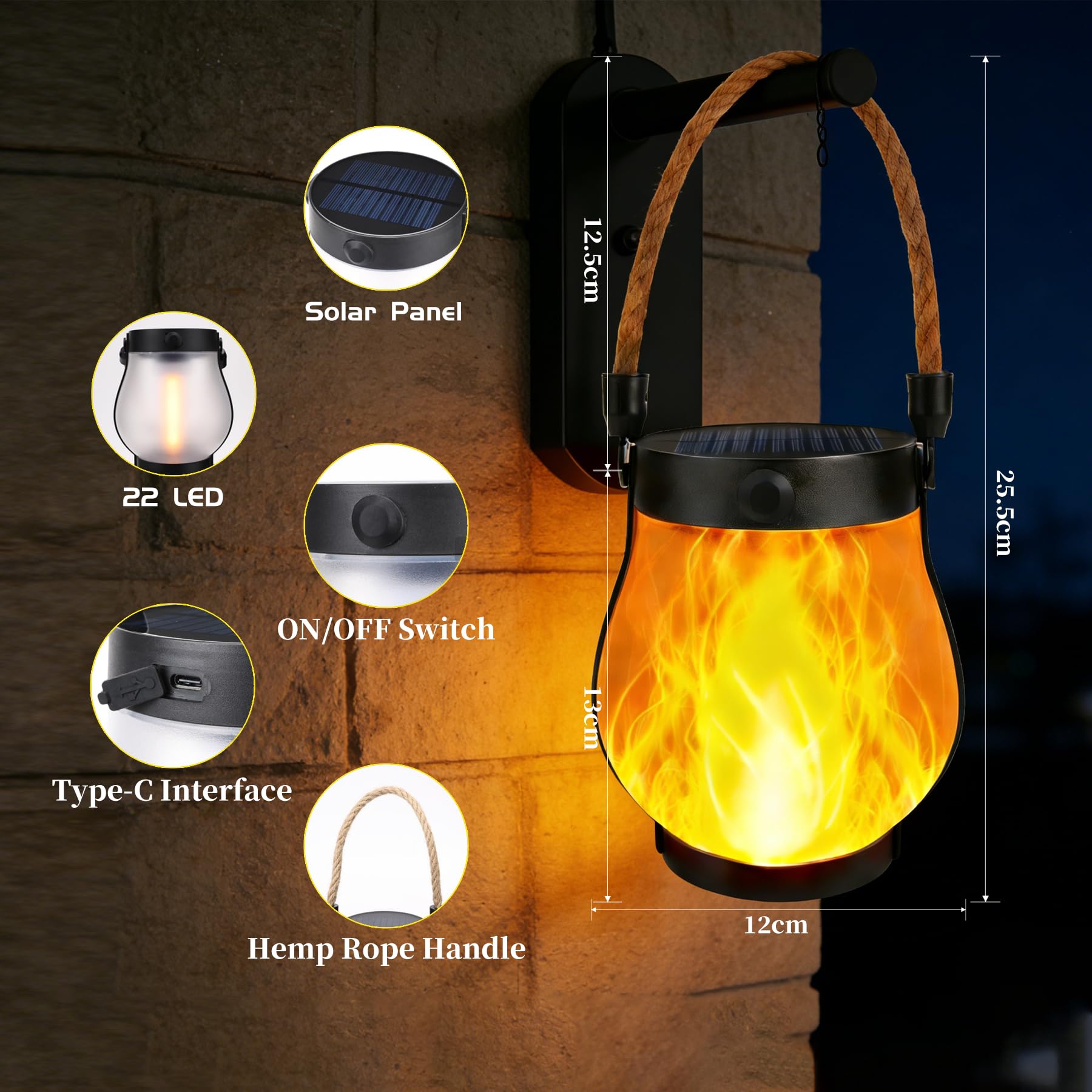 Solarlaternen für den Außenbereich, wasserdicht, flackernde Flamme, hängende Laternen, dekorativ, für den Außenbereich, mit 2 Modi, Dual-Aufladung, USB und solarbetrieben, für Veranda, Hof, Terrasse