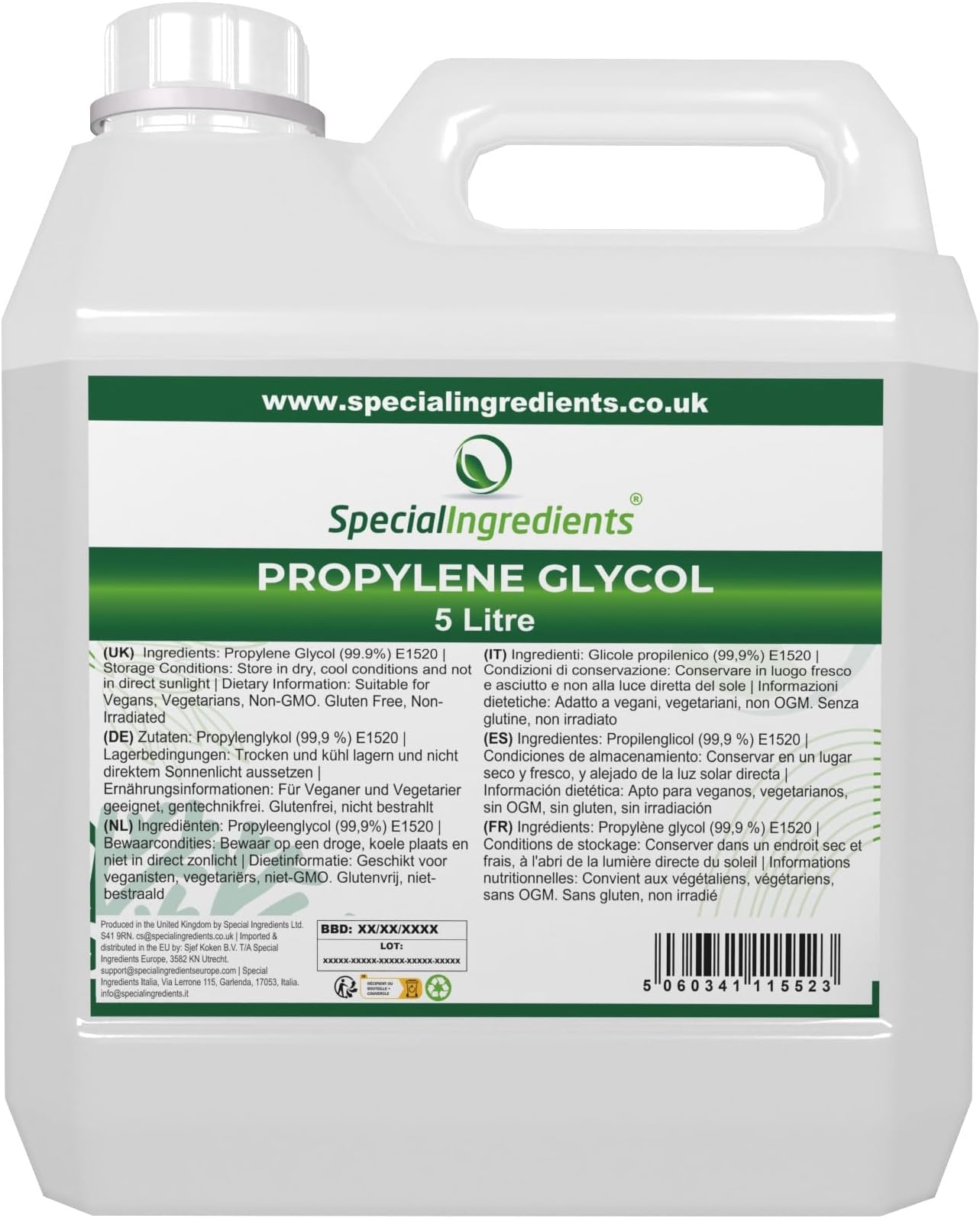 Mono-Propylene Glycol (MPG) 5 Litre Premium Quality USP/EP Pharma Food, Non GMO – Recyclable Container