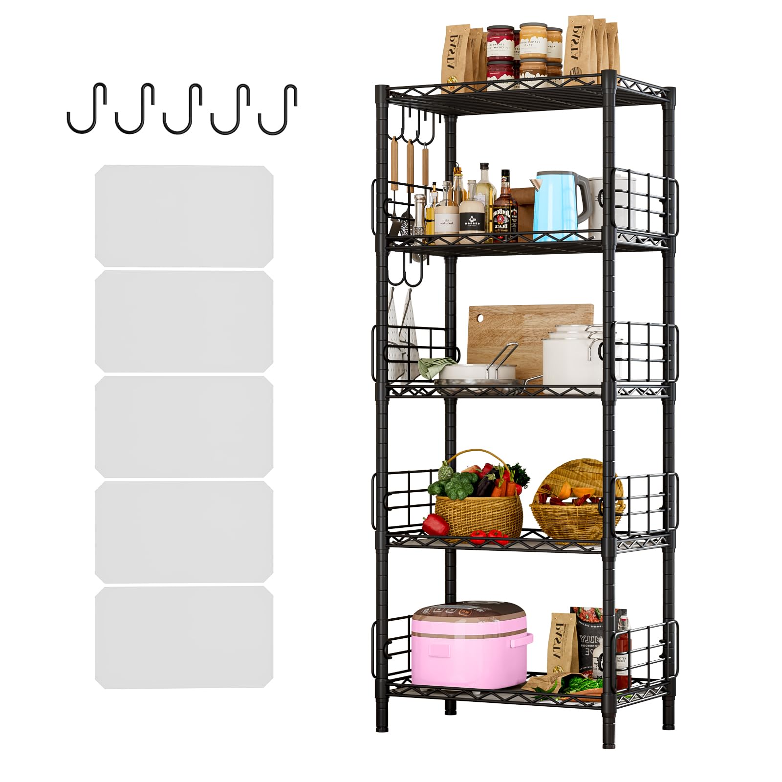 Untyo 5-Tier Storage Shelves, Height Adjustable Shelving Unit with Anti-Drop Side Blocker & Shelf Liners & 5 Hooks, Wire Shelf Unit for Kitchen,Bathroom,Living Room (Black)
