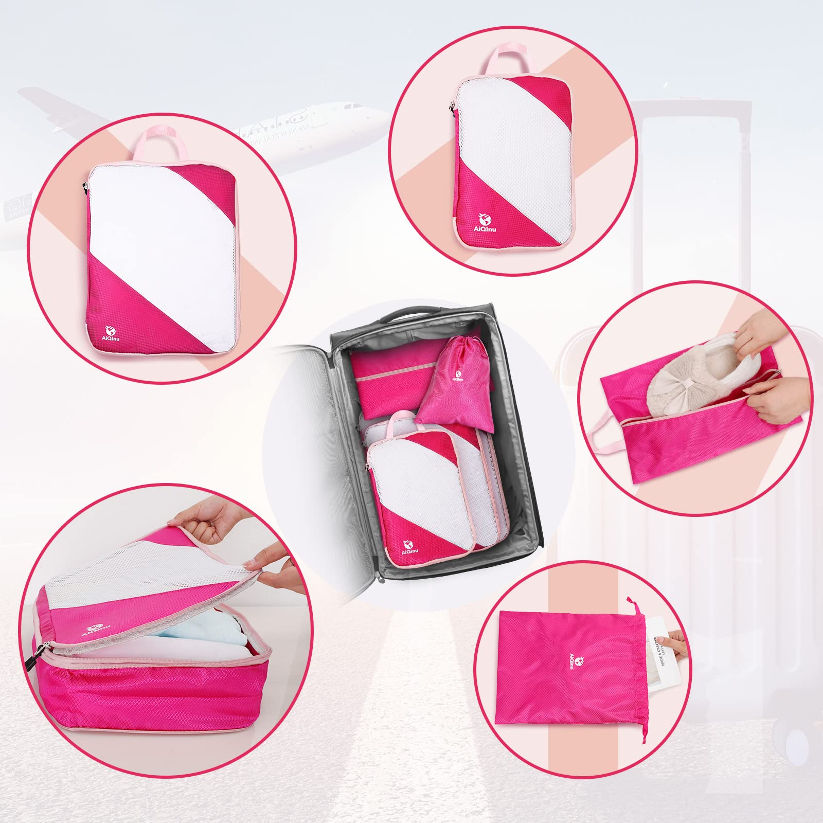 AiQInu Organizer Valigia 5 Pezzi Set, Compressione Packing Cube Salvaspazio Espandibile Ultraleggero Viaggio Organizer per i Vestiti,Scarpe,Intimo Set da Viaggio per Zaini o Bagagli a Mano (Rosa)