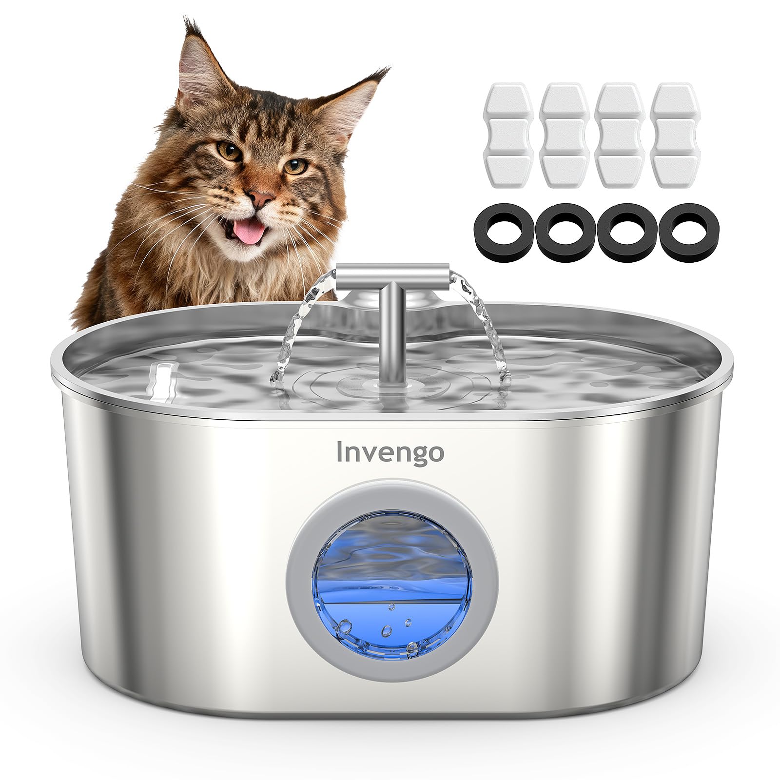 Fuente para Gatos Acero Inoxidable Invengo: Dispensador Automático de 2,2 L para Gatos y Perros, Fuente Silenciosa para Felinos con Filtro de 5 Capas, Salidas de Agua Dobles- 4 Filtros + 4 Esponjas