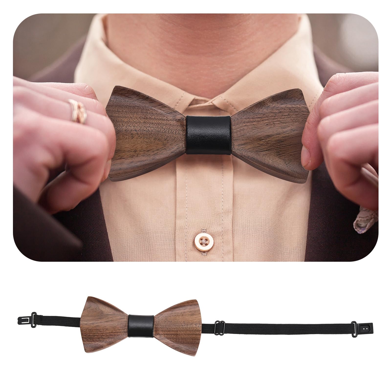 eMagTech Bow Tie for Men Unique Handcrafted Walnut Wood Bowtie Adjustable Elastic Strap Exceptional Gift for Birthday Party, Valentine Or Groom's Wedding