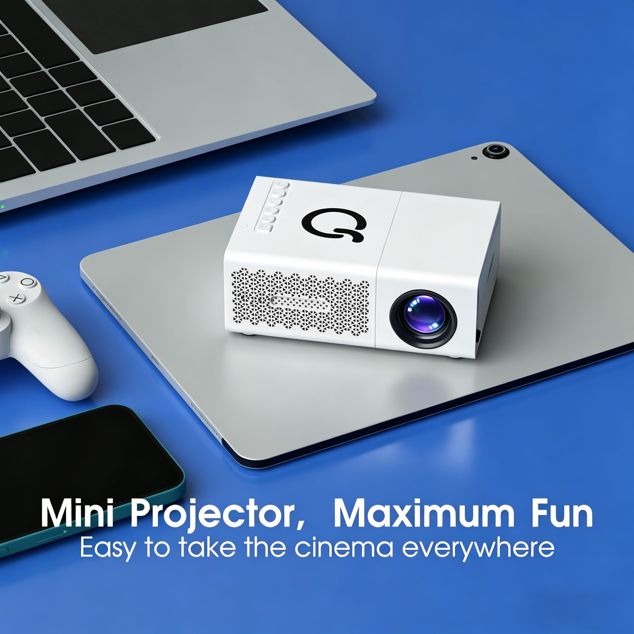 Mini proiettore, videoproiettore portatile, risoluzione locale di 720p, supporta 1080p, adatto per l'uso con smartphone, tablet e USB, offre effetti visivi 3D realistici