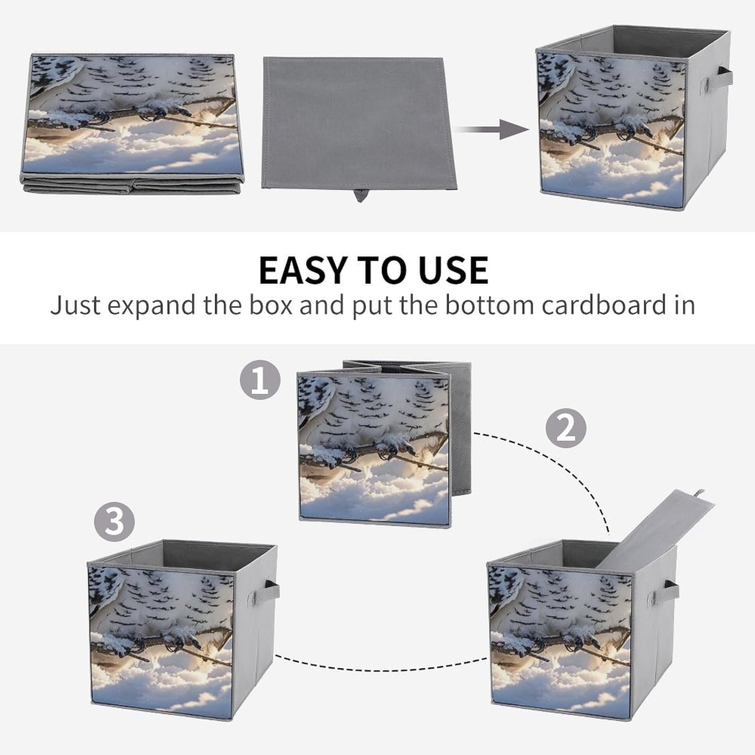 Multi Use Organizer Bins, Winter White Owl Printed Storage Bins, Foldable Storage Baskets Are Suitable For Bedrooms, Offices, And Cars