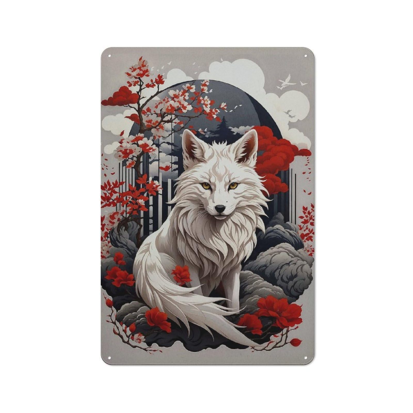 Junmoney Cherry Blossom Wolf Rustic Tin Sign 30X20cm Featuring For Garage Or Workshop, For Garage, Workshop And Man Cave Decoration