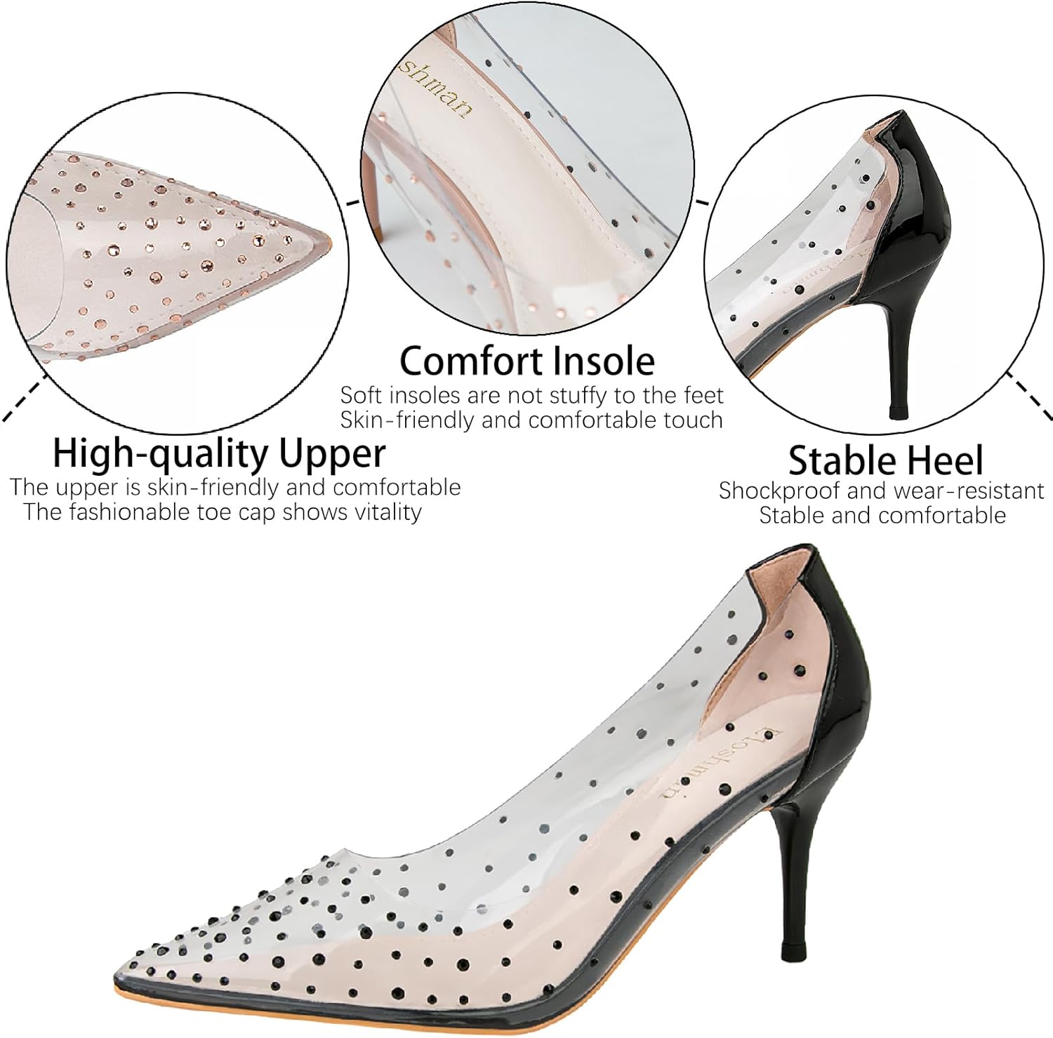 Women's Rhinestones Clear Leather Stiletto Pumps Fashion Comfort Closed Pointed Toe Slip On High Heels Sandals for Party Prom Date Dress Shoes - Image 4