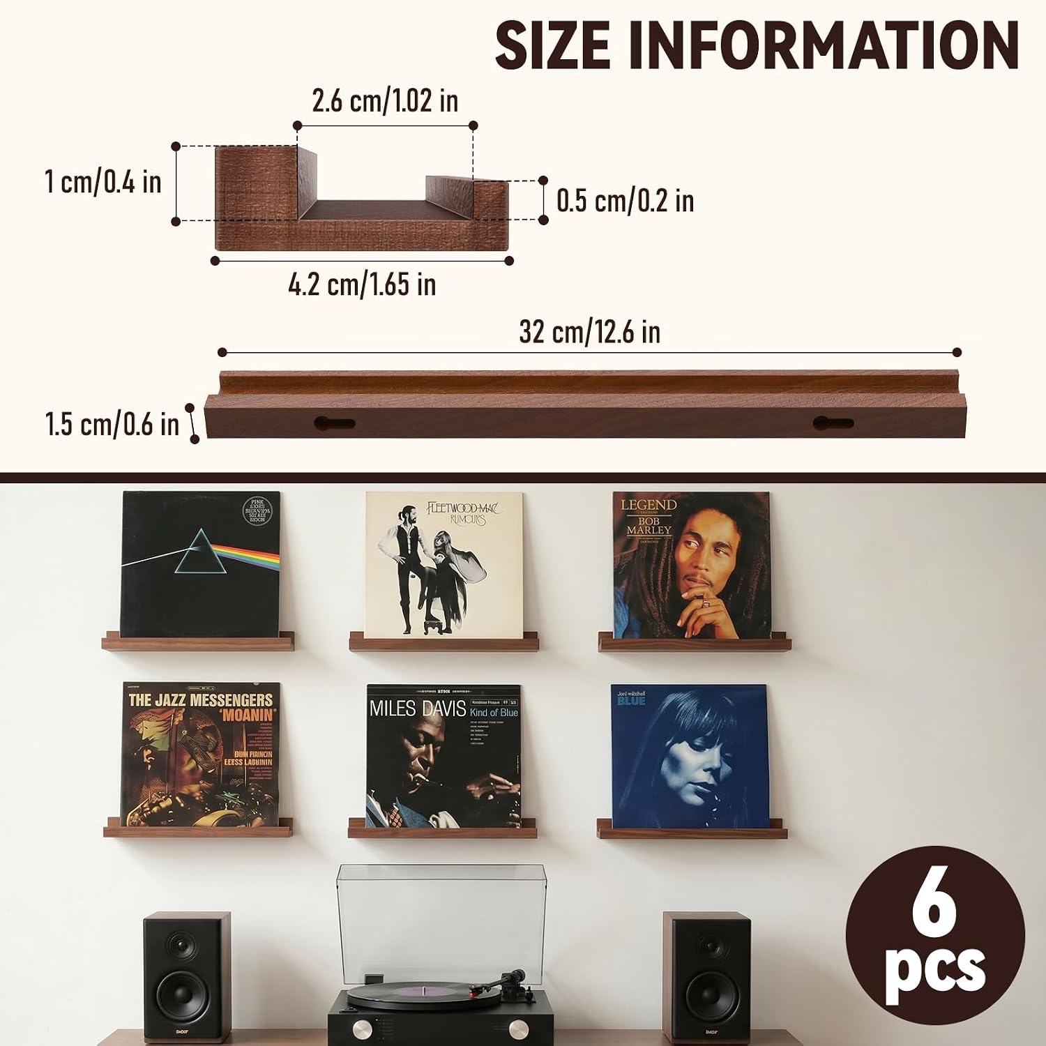 6 Pack Wood Vinyl Wall Mount Record Display, Record Shelves for Wall, Album Magazine, Record Shelf, Vinyl Holder Wall