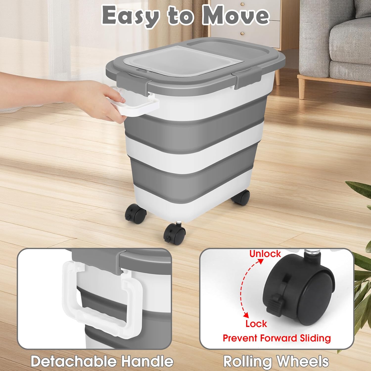 Pet Food Storage Container, 25lbs Large Collapsible Dog Cat Food Container with Airtight Lids Wheels Handle Scoop Measuring Cup Small Container, Rice Kitchen Dry Food Storage Dispenser Bin (Grey)