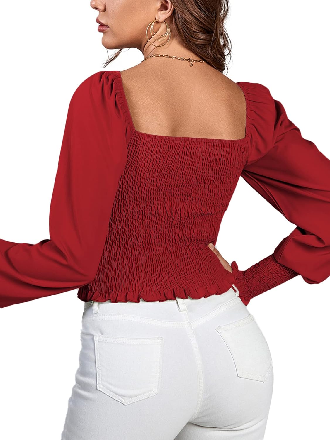 LYANER Women's Square Neck Ruffle Trim Shirred Puff Long Sleeve Crop Top Blouse Shirt - Image 2