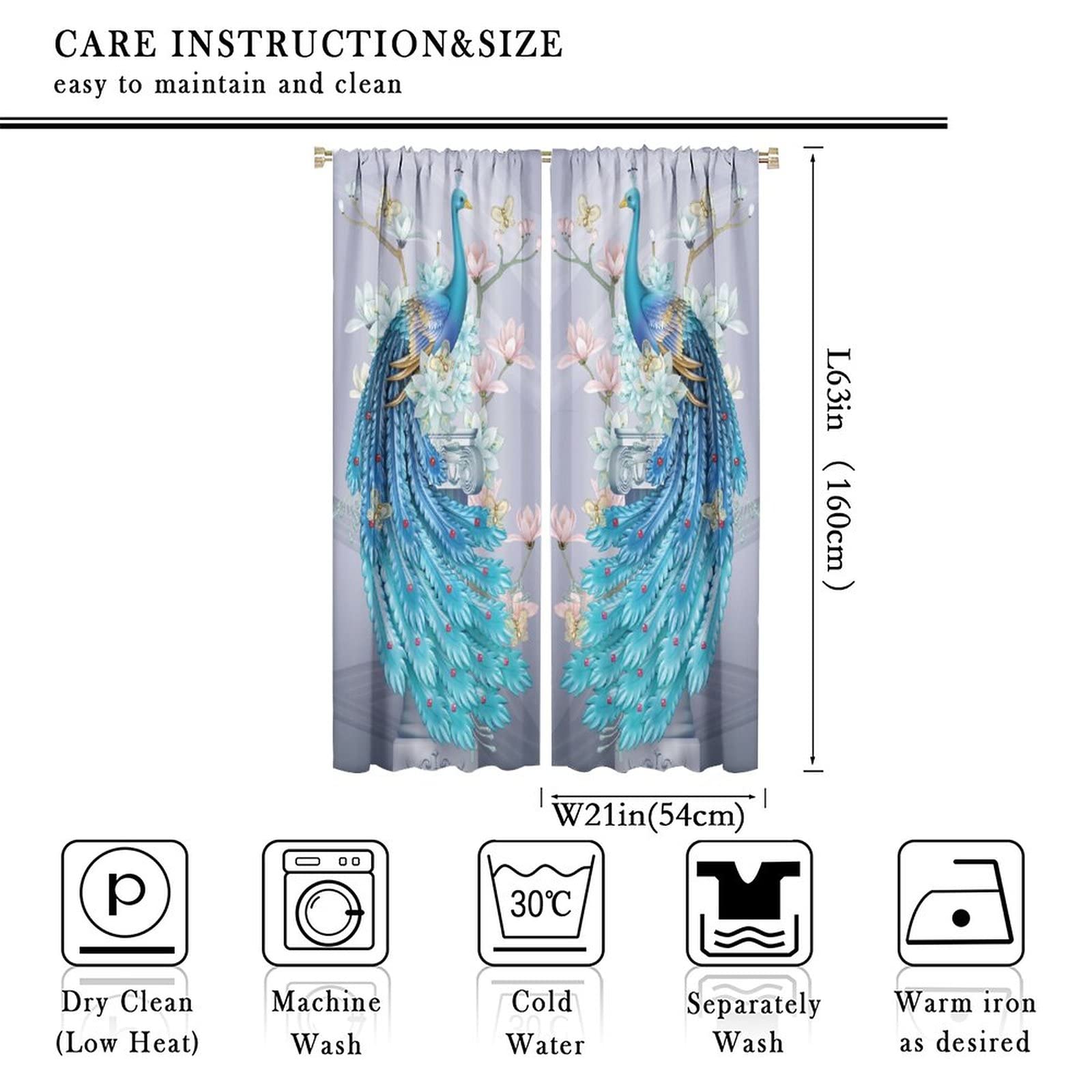 Cortinas Azules De Pavo Real – Elegante Panel De Cortina Opaca De Lujo Para Sala De Estar, Estampado Floral, Pavo Real, Decoración Del Hogar, Tratamiento De Ventanas, 42 X 63 Pulgadas