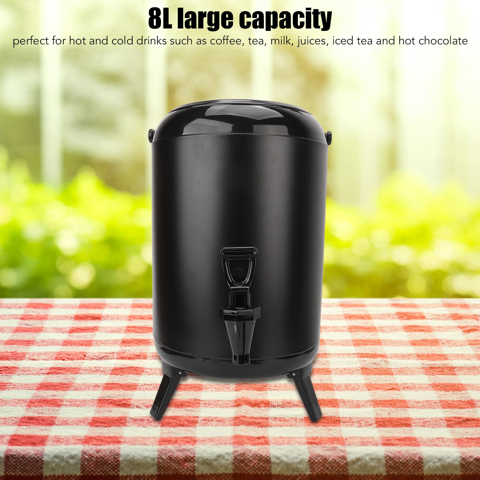 Ejoyous Großer Getränkespender aus Edelstahl, Camping-Wasserbehälter, 8 L, Doppelt Isoliertes Wasserhahn-Design mit Faltbarer Halterung für Camping, Büro, Hotel, Hochzeit, Außenbereich (BLACK)