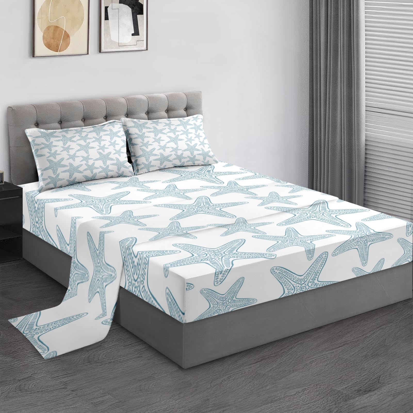 Queen Size Bed Sheet Sets, Starfish Nautical Soft Microfiber 4 Pcs Bedding Sets for Kids and Adults Bedroom Bed Decor, Ocean Beach Flat, Fitted Sheet and 2 Pillowcases
