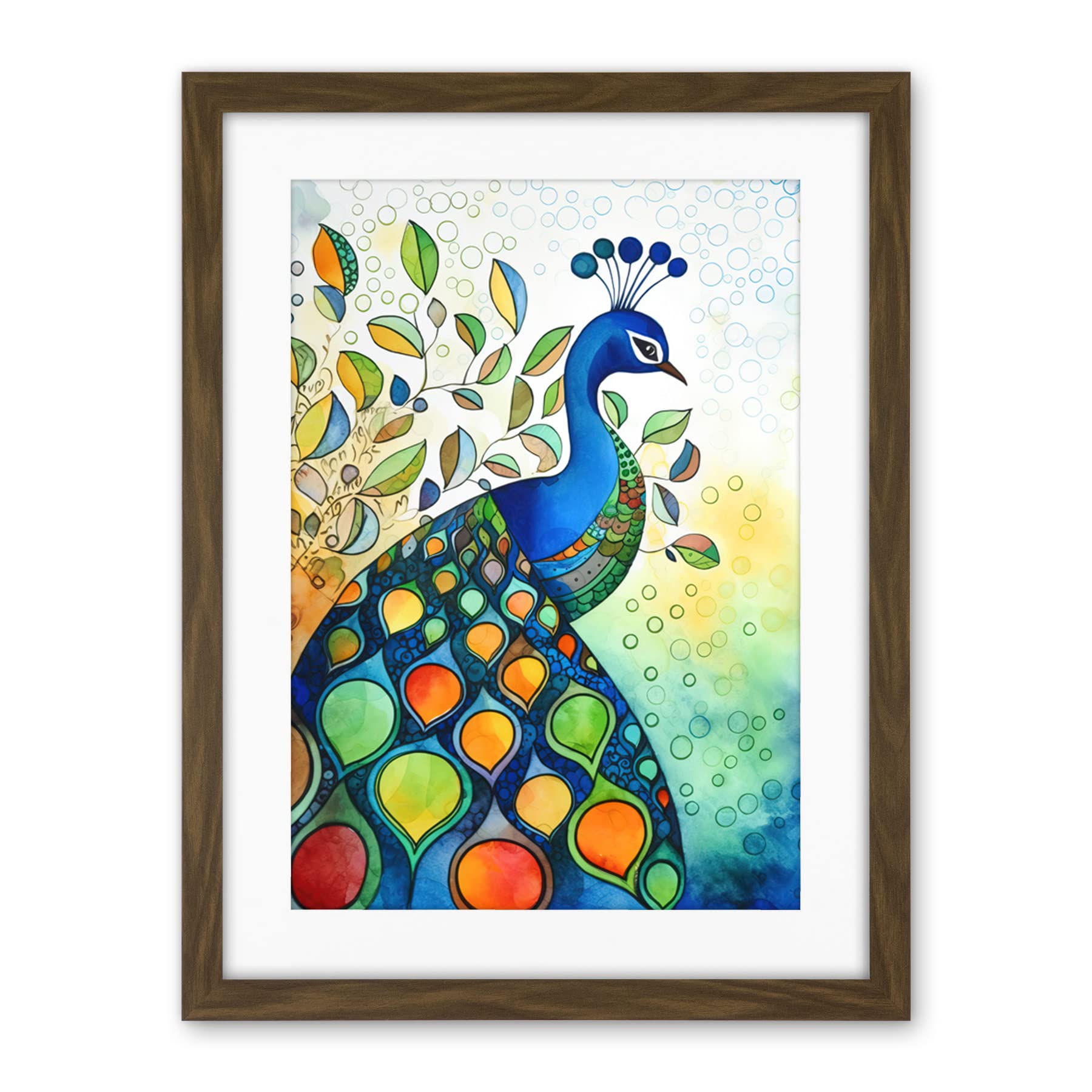 Artery8 Peacock Bird Folk Art Watercolour Painting Artwork Framed Wall Art Print 18X24 Inch