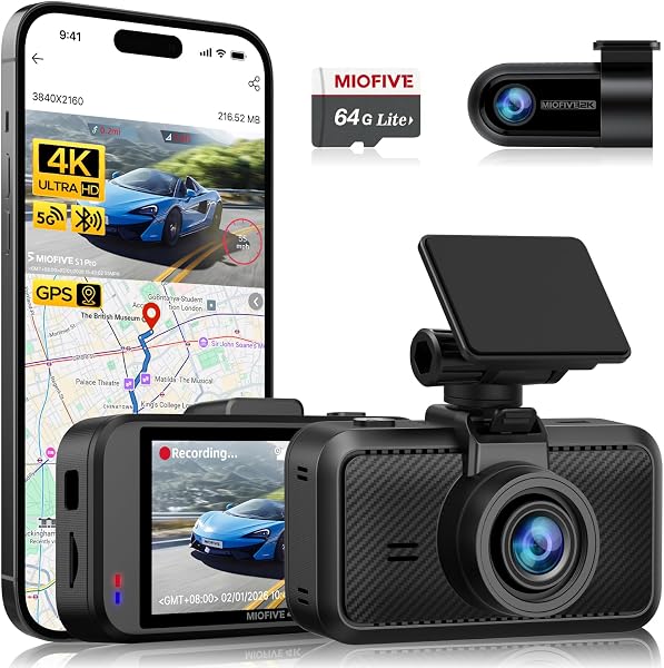 Miofive 4K+2K Dual Dash Cam Front and Rear, Pre-installed 64GB Card, 5GHz Wi-Fi Bluetooth GPS, 3" IPS Screen, HDR Night Vision, 24H Parking Mode, AI Start & UK Speed Camera Detection - 1