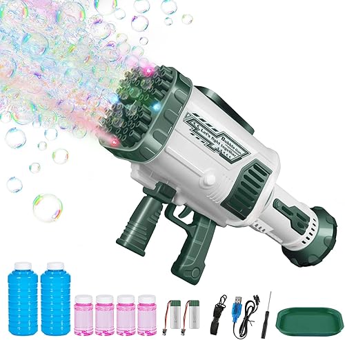 Pistola de burbujas La máquina de 64 agujeros tiene luces LED, la pistola de burbujas de mano grande tiene dos baterías recargablesseis botellas de