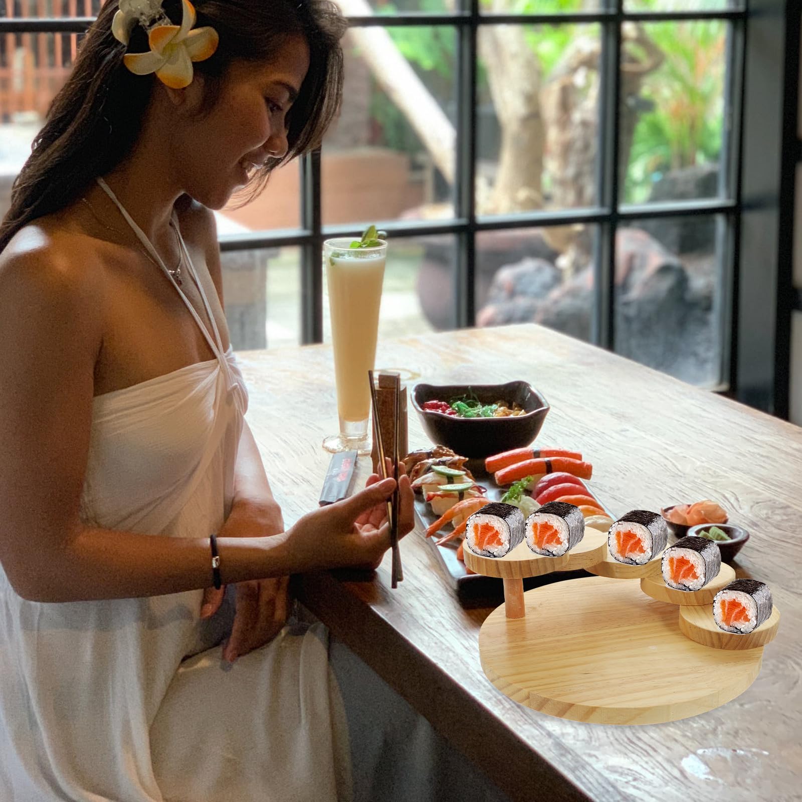 Caqui Bandeja Giratoria para Sushi, Gran Capacidad, Madera