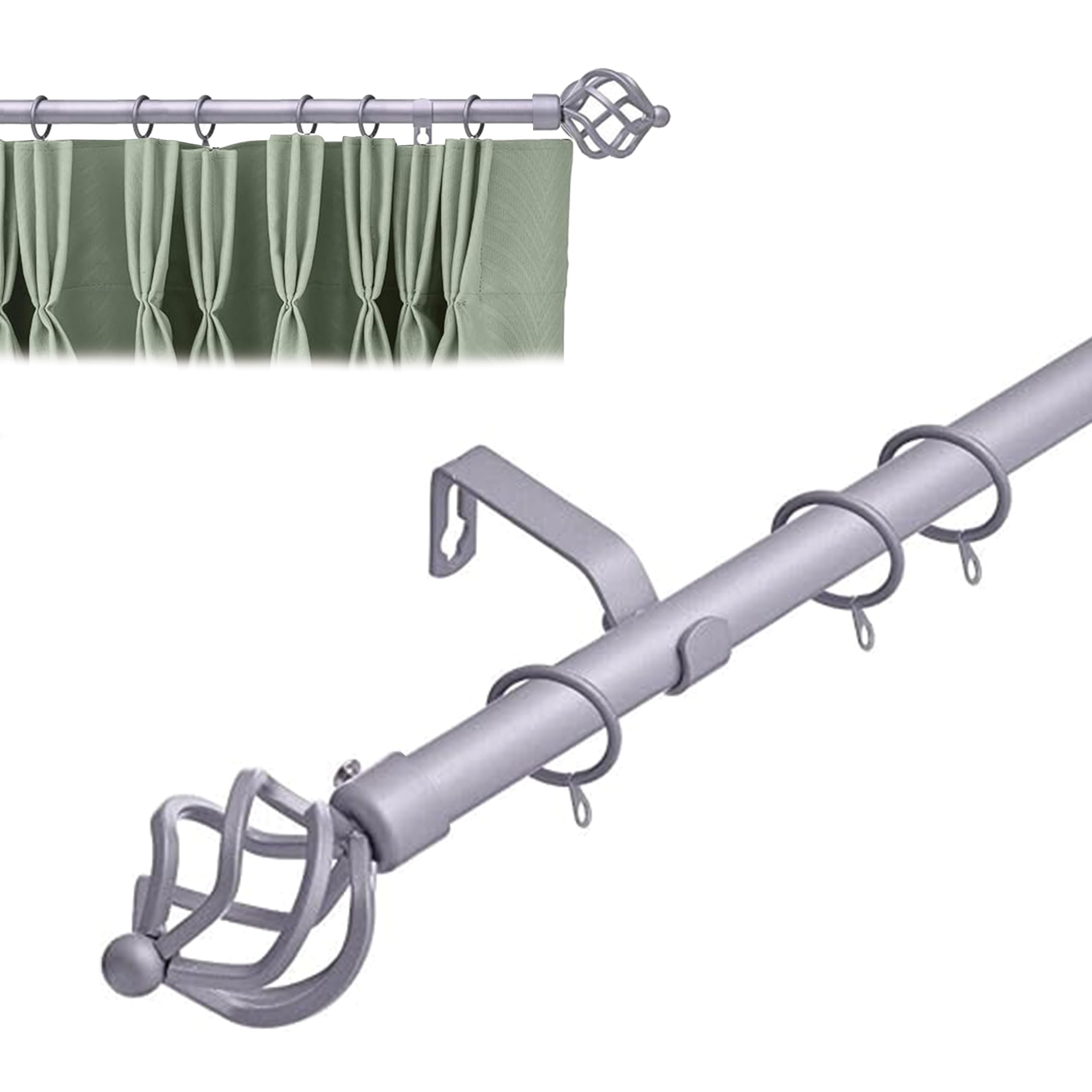 Lister Cartwright 19 mm Extendable Metal Curtain Poles Rods Voile Easy Fitting - Satin Steel (Cage Finials, 70-120 cm)