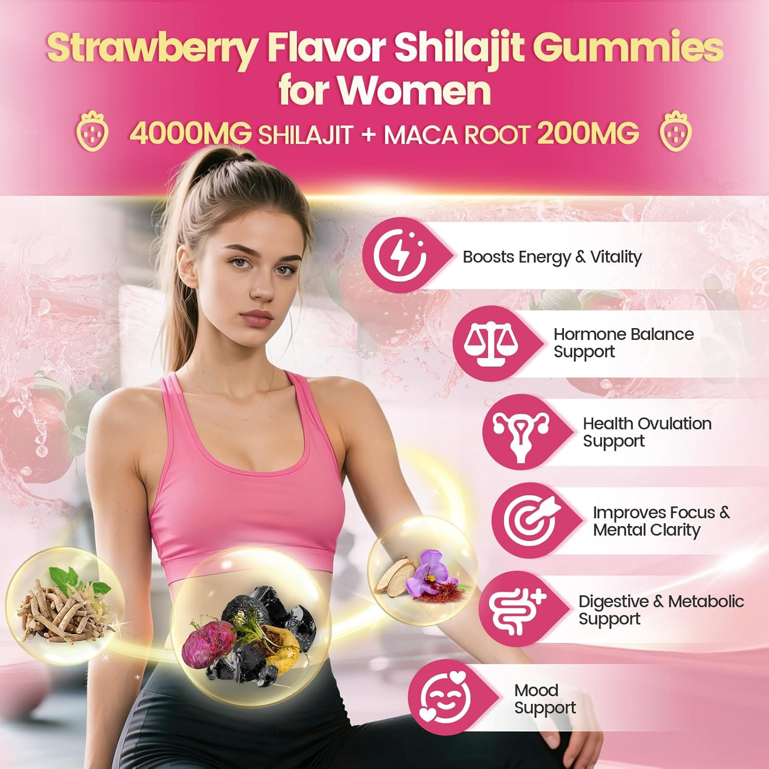 Shilajit for Women Gummies, micronutrient Supplement, Pure Himalayan Shilajitn, Contains Tongkat Ali, Ashwagandhaa, Turmeric, Saffron for hormonal Balance & Energy | Strawberry Flavor (120 Gummies)