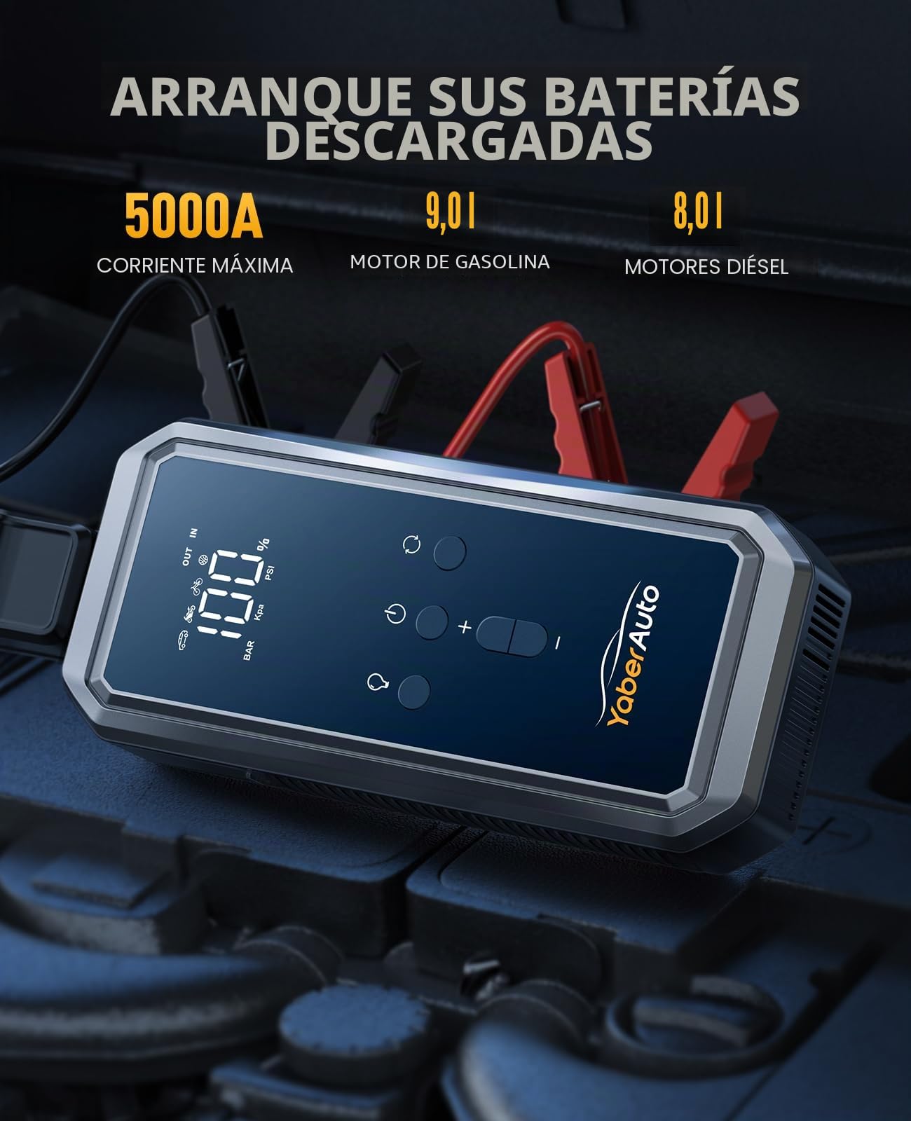 YaberAuto YA70 - Batería de arranque para coche (5000 A, con compresor de 150 psi, batería externa de 21,800 mAh con luz de emergencia de 300 lúmenes, batería externa 4 en 1 para arrancar con pantalla