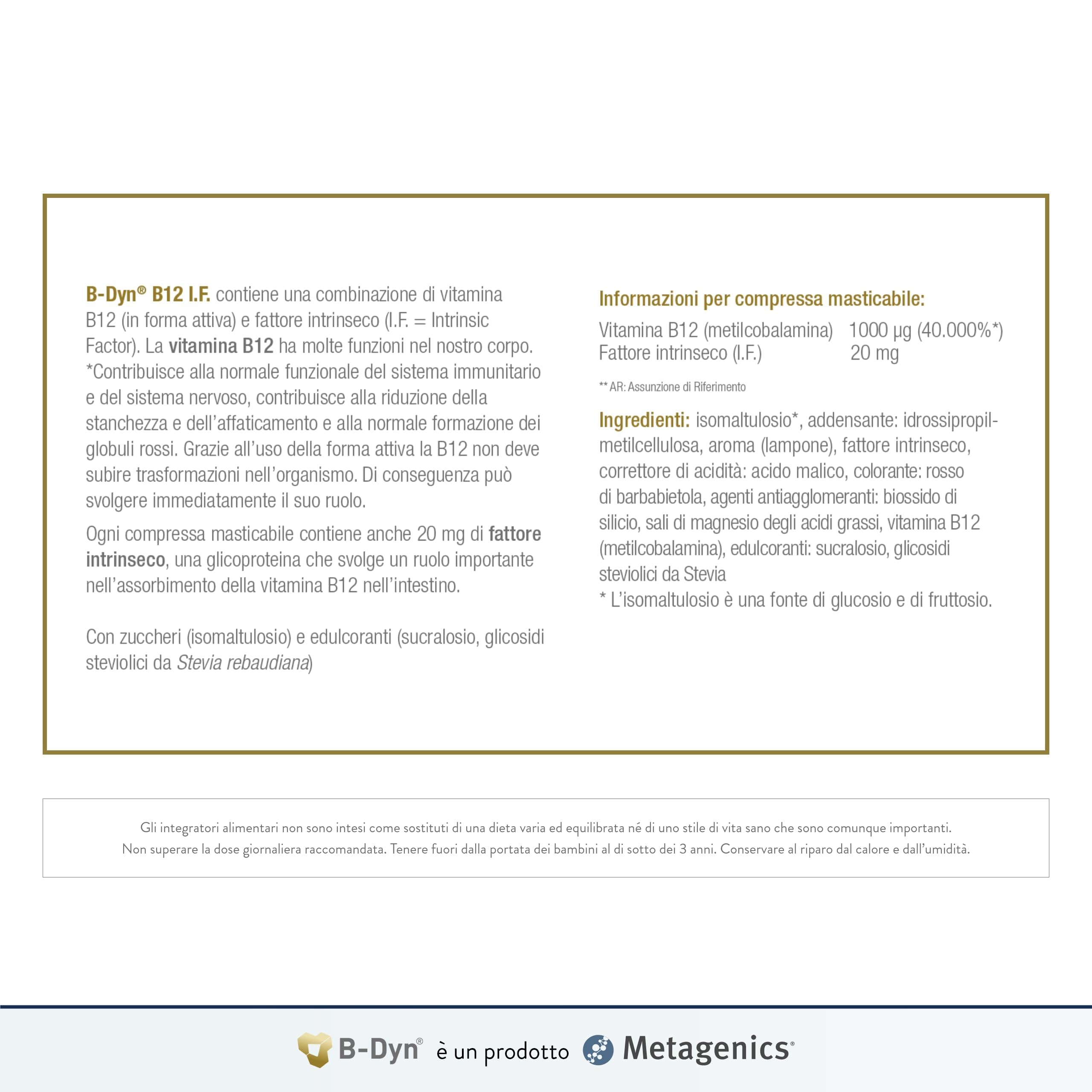 Metagenics B-Dyn B12 I.F. - Funzione Psicologica - Sistema Nervoso - Energia - 84 Compresse Masticabili