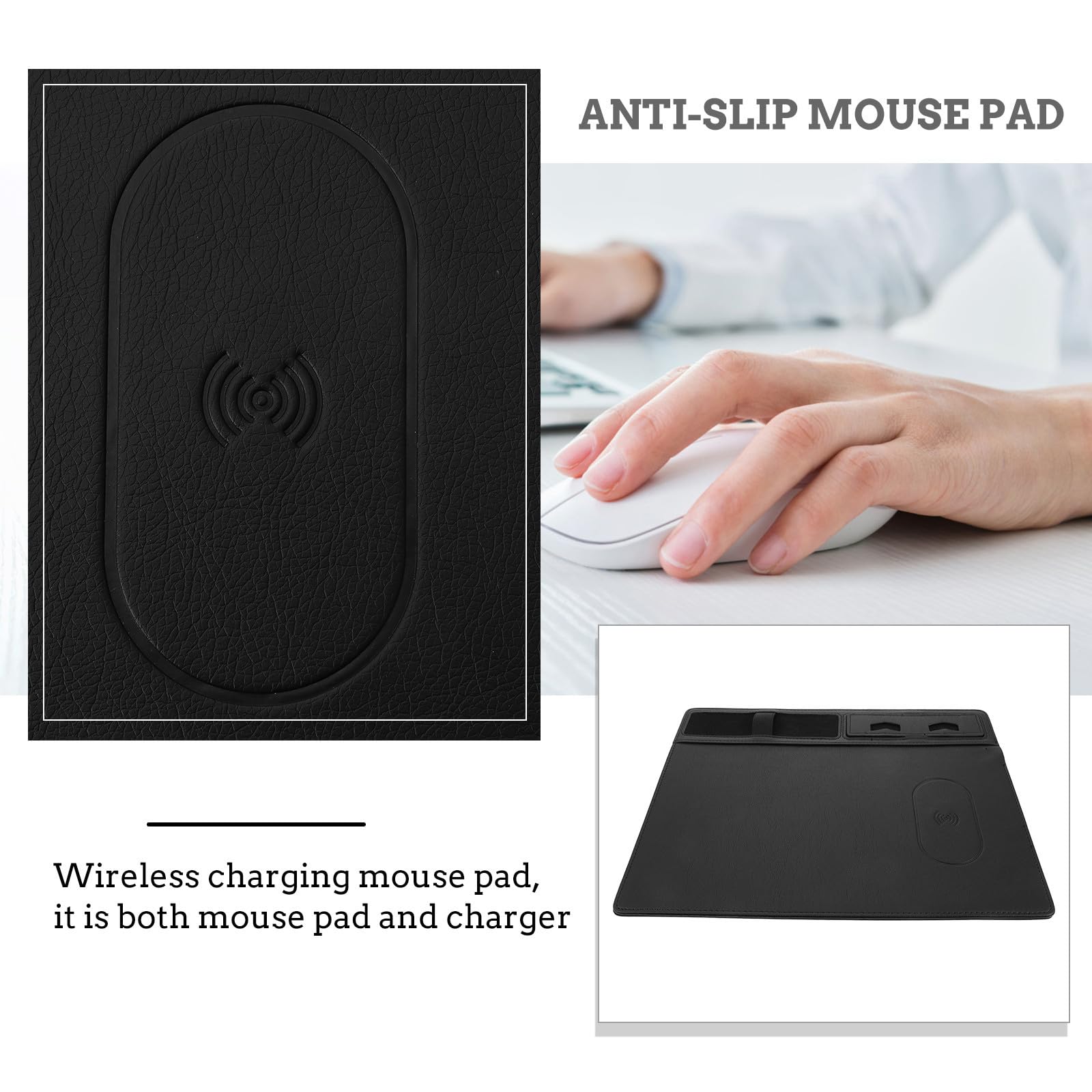 Abaodam Tappetino per Mouse 15w Ricarica Wireless, Mousepad Multifunzione in Pu Nero, Superficie Anti-splashing Supporto per Smartphone, per Ufficio e Gaming