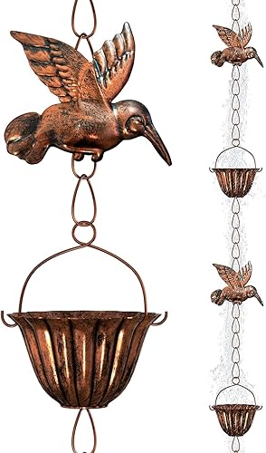 INNOWARMER Cadenas de lluvia de 8.8 pies para canaletas exteriores, cadena colectora de lluvia con 6 tazas de metal y decoración de colibrí, cadena