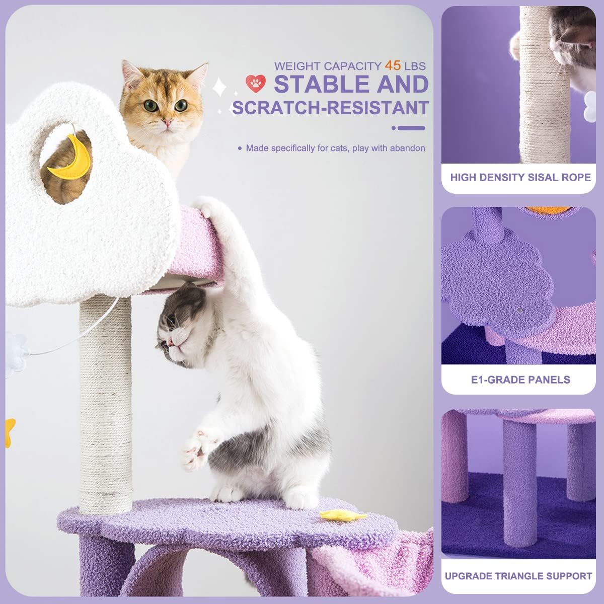 review Multi-Level Cat Tower, Cute Purple Cat Tree for Large Cats 67 Inches Cat Condos for Indoor Cats Kitten House with Scratching Posts & Hammock, Pet Cat Castle with Comfortable Plush