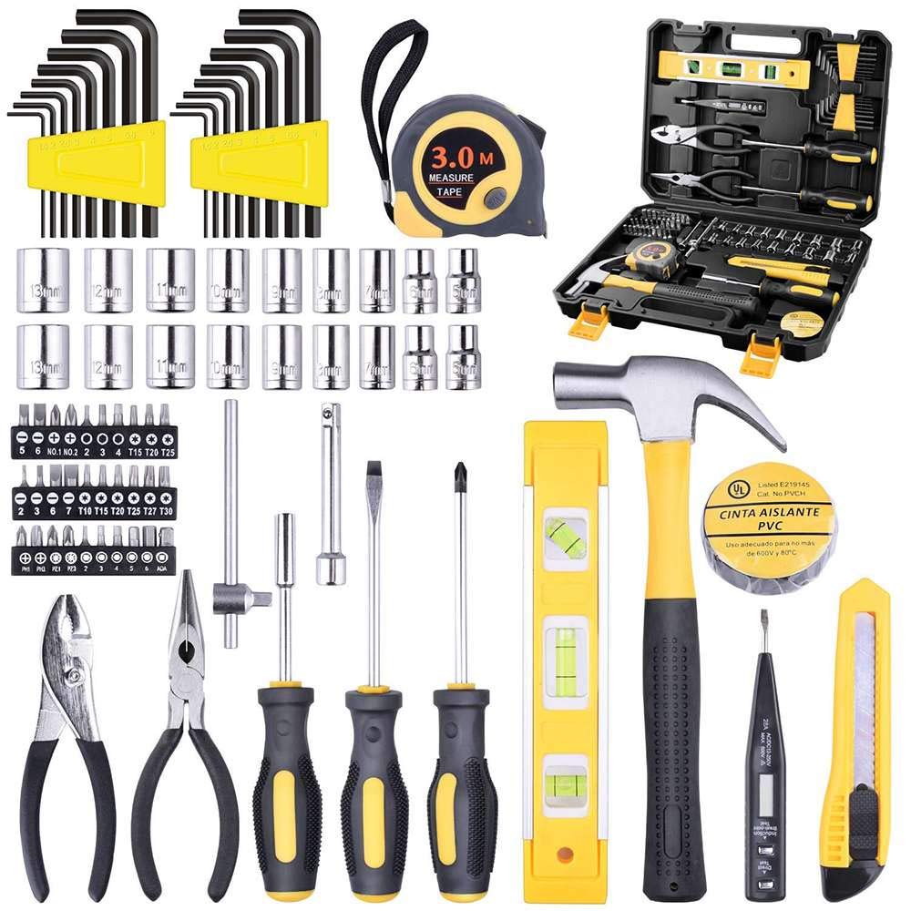 78pcs Set Di Utensili Manuali Kit Di Utensili Manuali Per Riparazioni Domestiche Generali Con Cassetta Degli Attrezzi In Plastica Custodia Per Chiavi A Bussola Cacciavite Coltello Oro