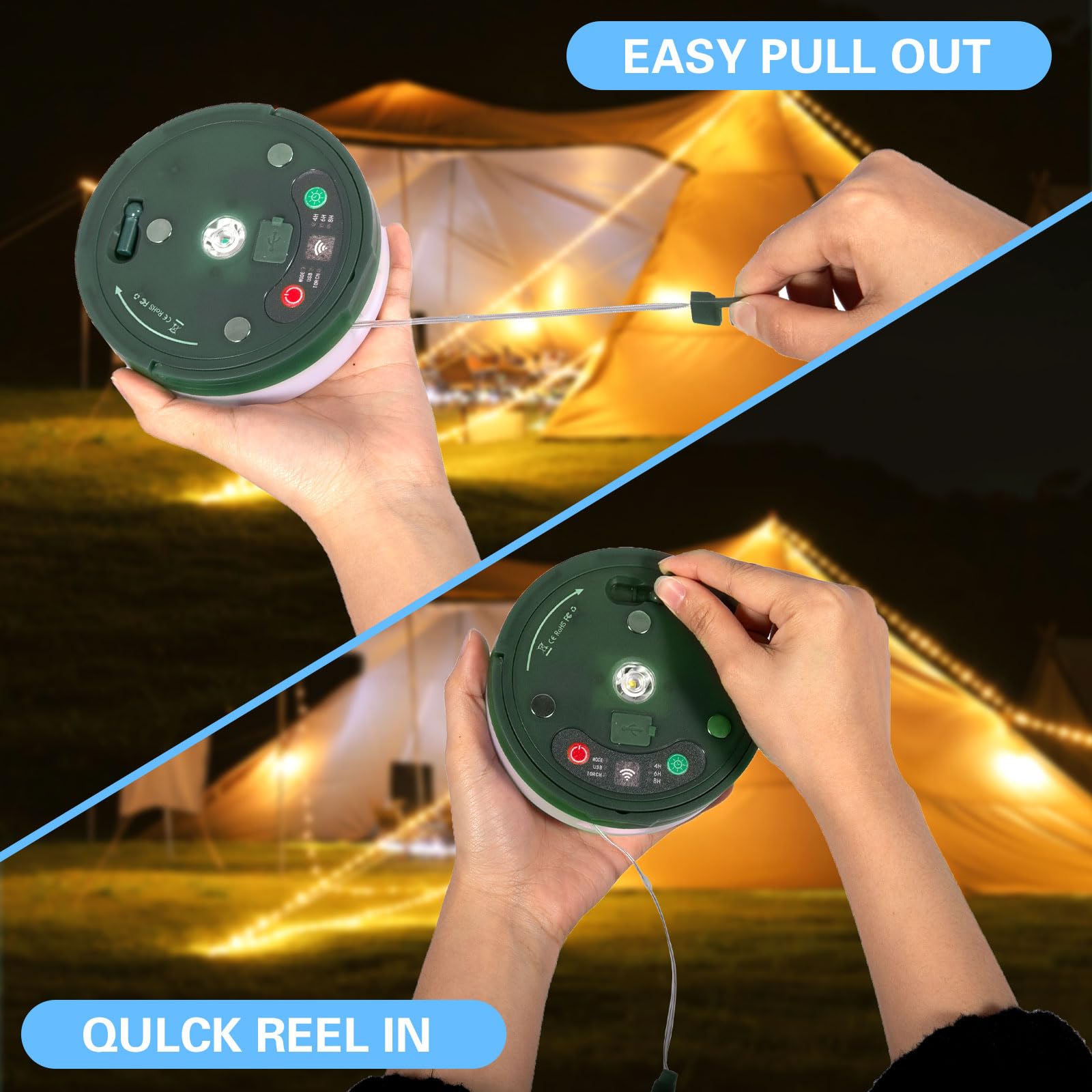Guirlande lumineuse de camping 4 en 1, récupération en 30 secondes, rechargeable par USB, idéale