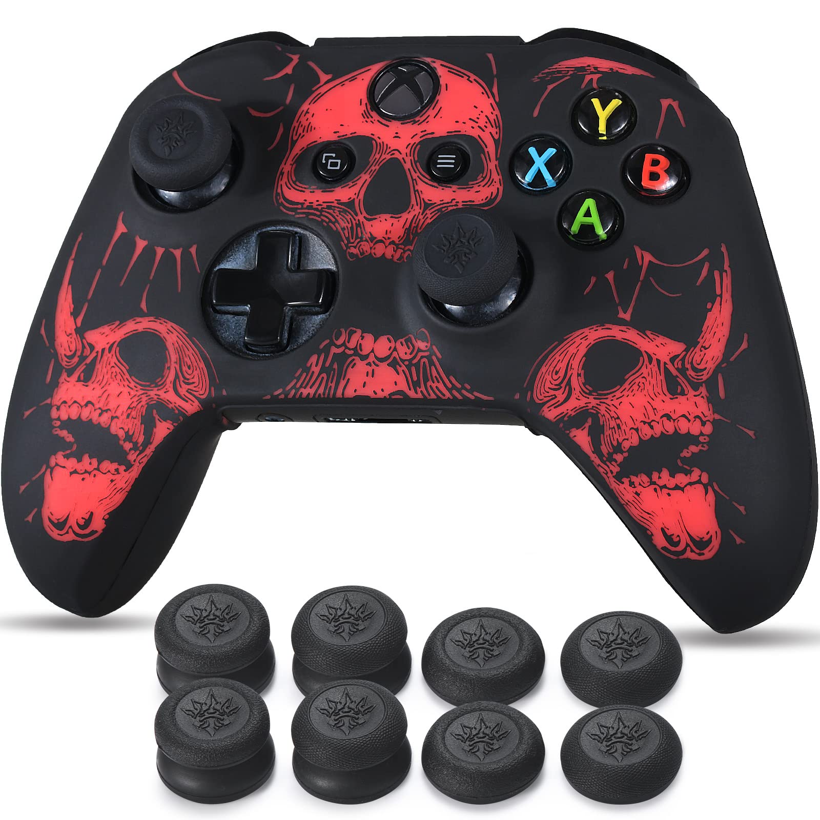 Yorha Talla Láser Silicona Piel Skin para Mando Xbox One S/X x 1 (Rojo) con Agarres para el Pulgar Thumb Grips x 8
