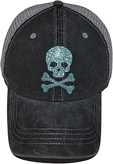 Popfizzy Womens Skull Hats, Trendy Trucker Hat, Girls Skull Cap, Jolly Roger Ballcap, Adjustable Snapback (Teal, Black)