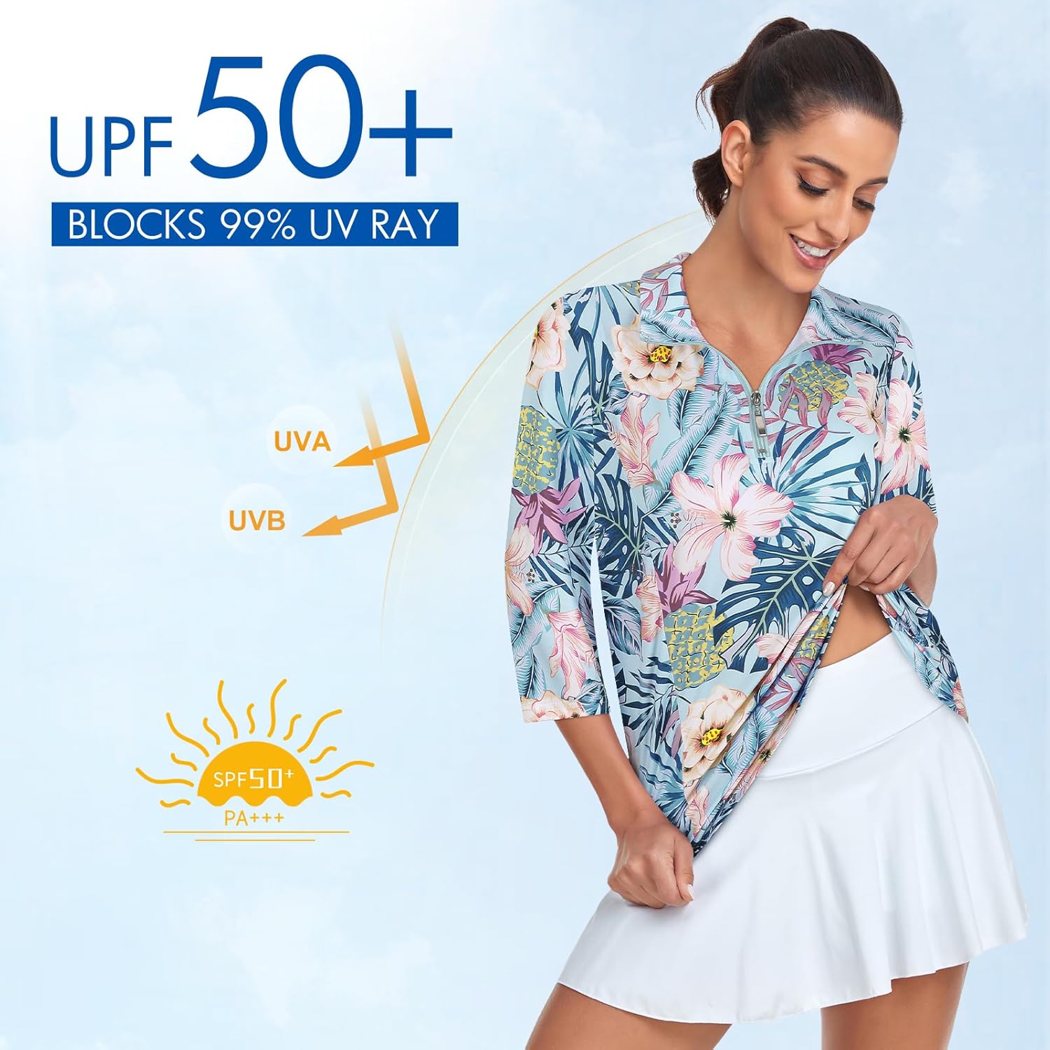 Tanst Sky Womens Golf Polo Shirts Zipper 3/4 Sleeve Moisture Wicking Tops UPF 50+ Workout Tennis Apparel - Image 4