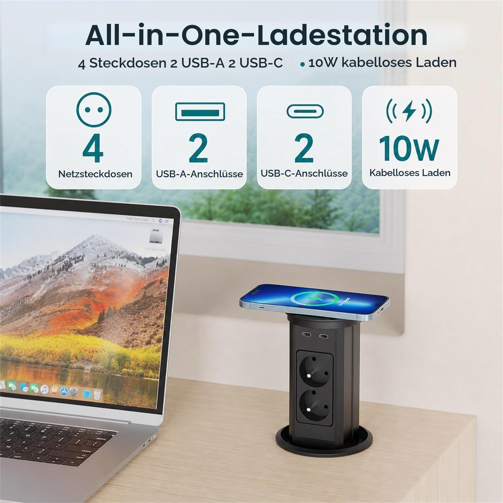 Steckdosenleiste zum Einbauen, automatisch, versenkbare Mehrfachsteckdose mit 4 Steckdosen, 2 USB C(PD 20 W), 2 USB A (18 W), kabelloses Ladegerät 10 W, Kabel 2 m, Ø 100 mm, für Büro, Küche