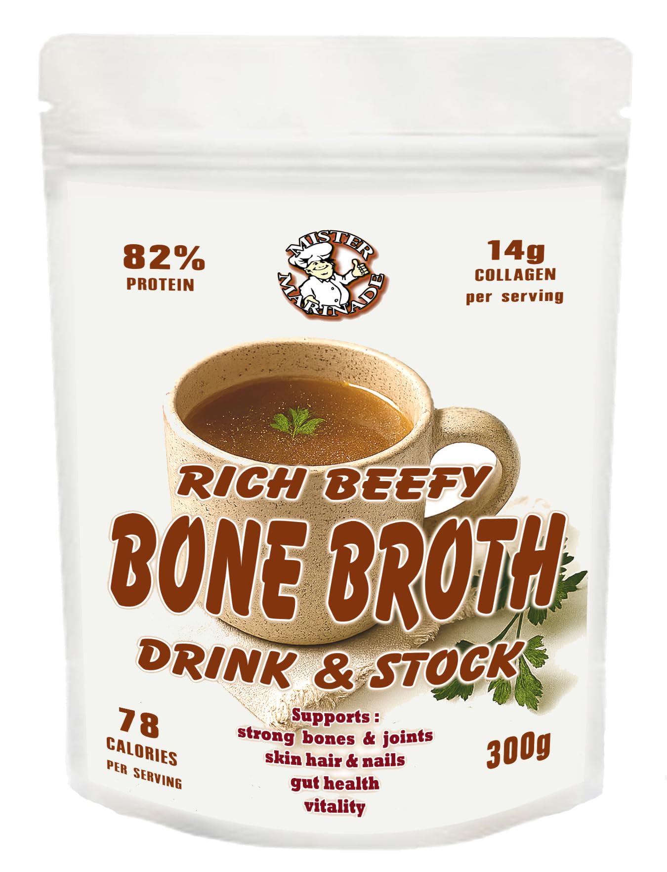 Beef Bone Broth Rich Beefy Flavour, 16.5g Protein per Serving, 15 Servings, 100% Natural Collagen & Protein Bone Broth from Sweden. Nutrition for Healthy Joints, Skin, Hair & Nails 300g