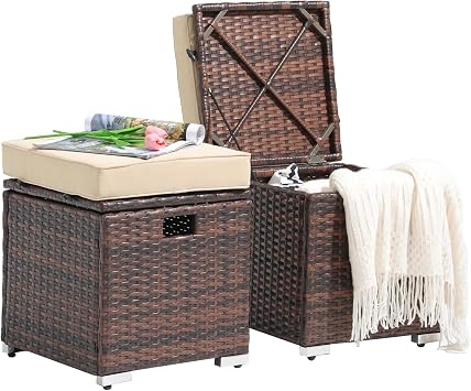 Patiorama 2 Piece Outdoor Patio Ottomans, All-Weather Brown PE Rattan Wicker Ottoman with Storage, Outdoor Footrest Footstool Seat w/Thick Cushion, Built-in Handle for Backyard Poolside Porch Beige