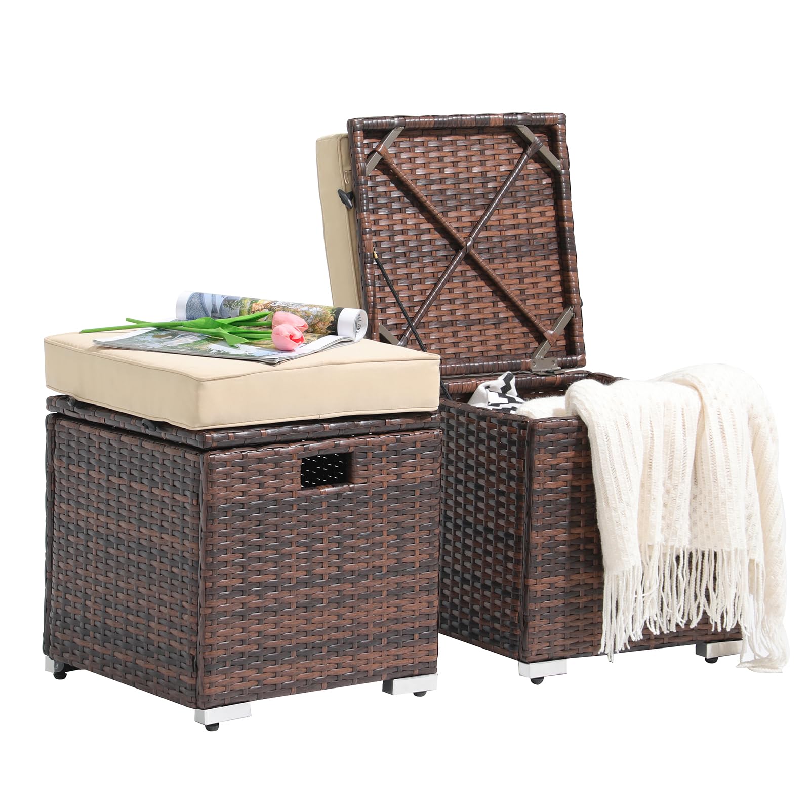 Patiorama 2 Piece Outdoor Patio Ottoman with Storage, Wicker, Beige