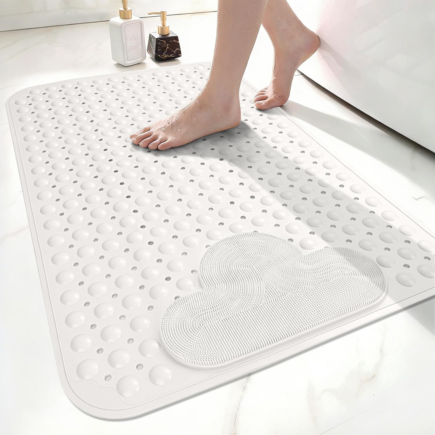 Tapis de douche antidérapant 90 x 60 cm, tapis de douche en TPE avec ventouses, grand tapis de douche antidérapant, sans BPA, blanc pur, 90 x 60 cm (rectangulaire)