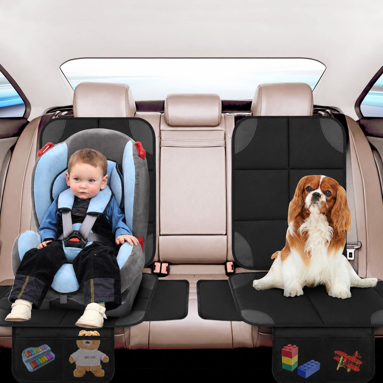 AiQInu Protector Asiento Coche, Impermeable Antideslizante Compatible Protector de Asiento de Coche de Niño con 2 Bolsillos de Almacenaje para Asiento de Coche de Cuero y Tela