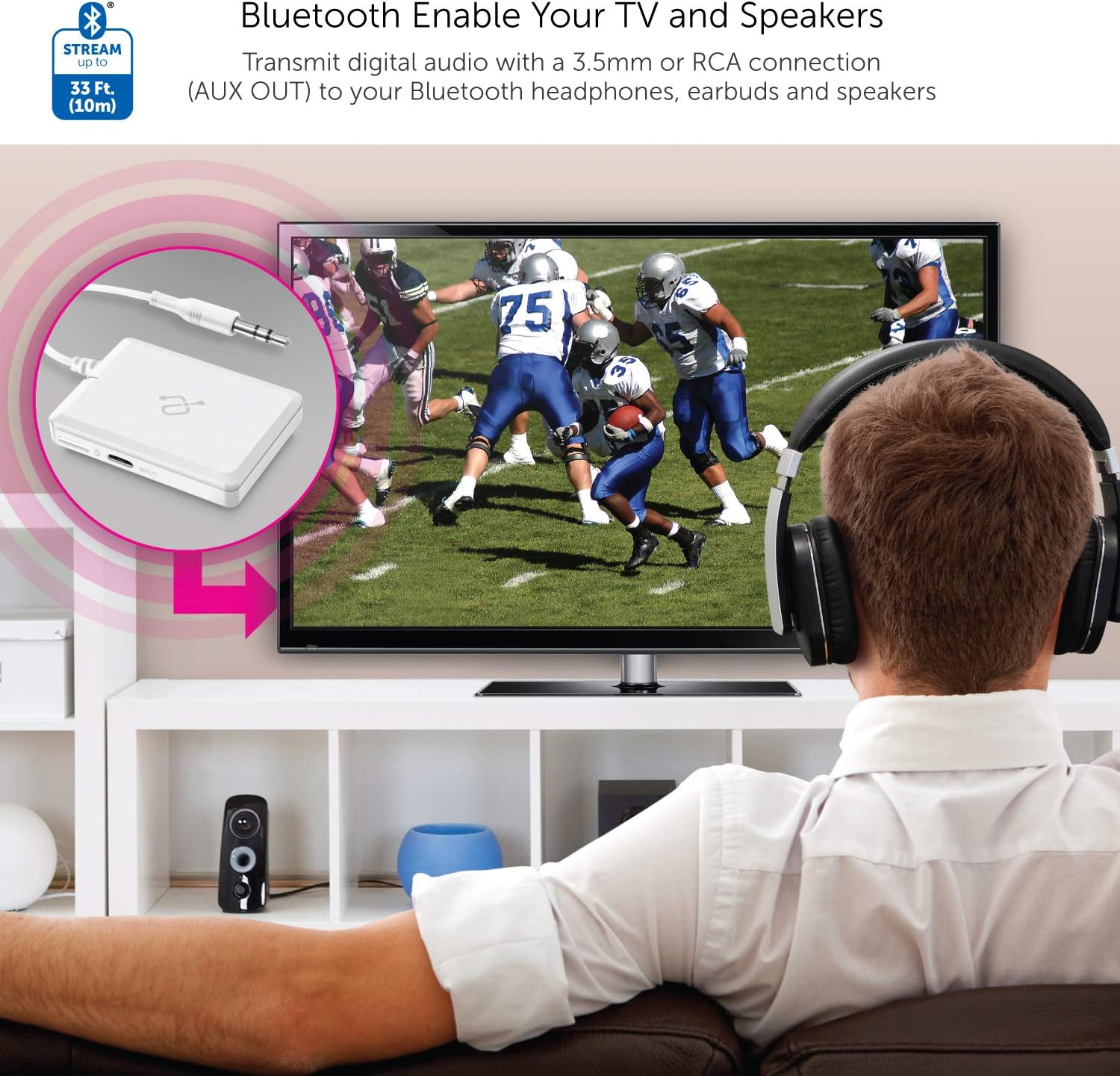 Aluratek Bluetooth v3.0 Audio Transmitter, Bluetooth enable TVs, Stereos, Computers and MP3 Players for Wireless Audio Transmitting to BT Headphones, Up to 33ft. (ABT01F), white