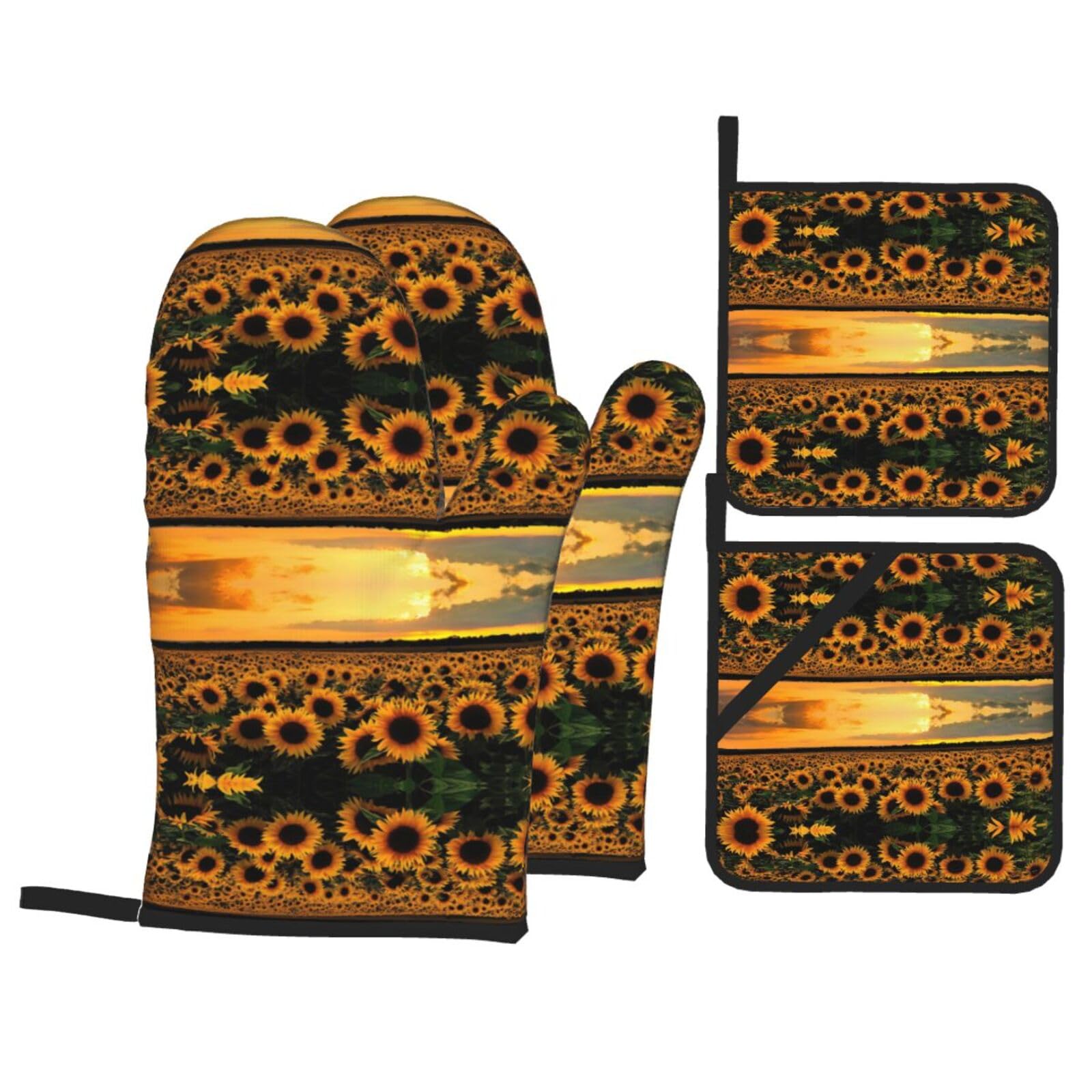 HJFCZH Sunflower and sunset Prints Kitchen Covers: Waterproof Oven Layers for Safe Cooking & Easy Cleanup - 4 Piece Heat Protection Set