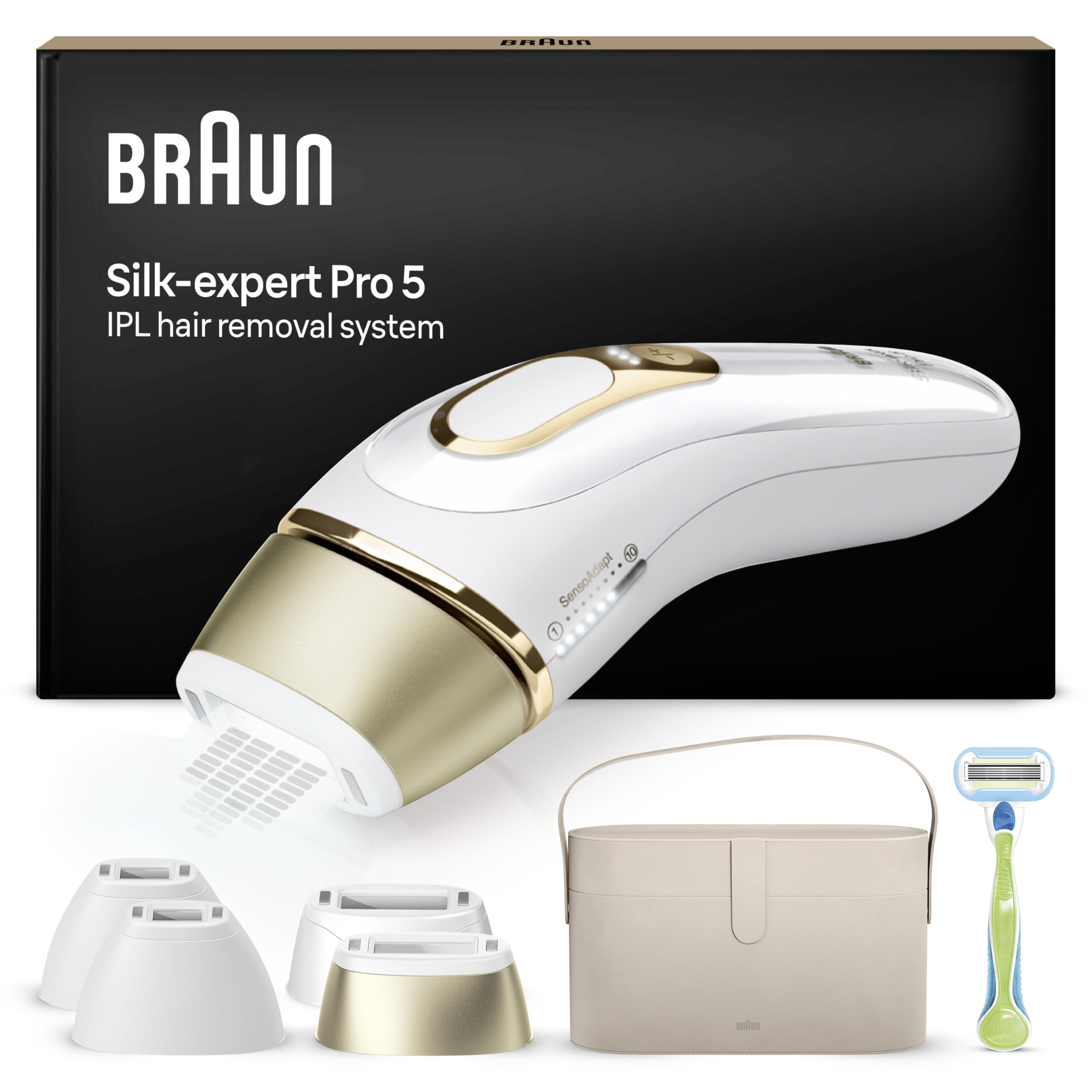 Braun Silk·expert Pro 5 Epilatore Luce Pulsata, Depilatore Corpo Donna, Alternativa al Laser Peli, Con Rasoio Donna Venus e 4 Testine, Luce Pulsata Braun, Idea Regalo, Bianco/Oro PL5342
