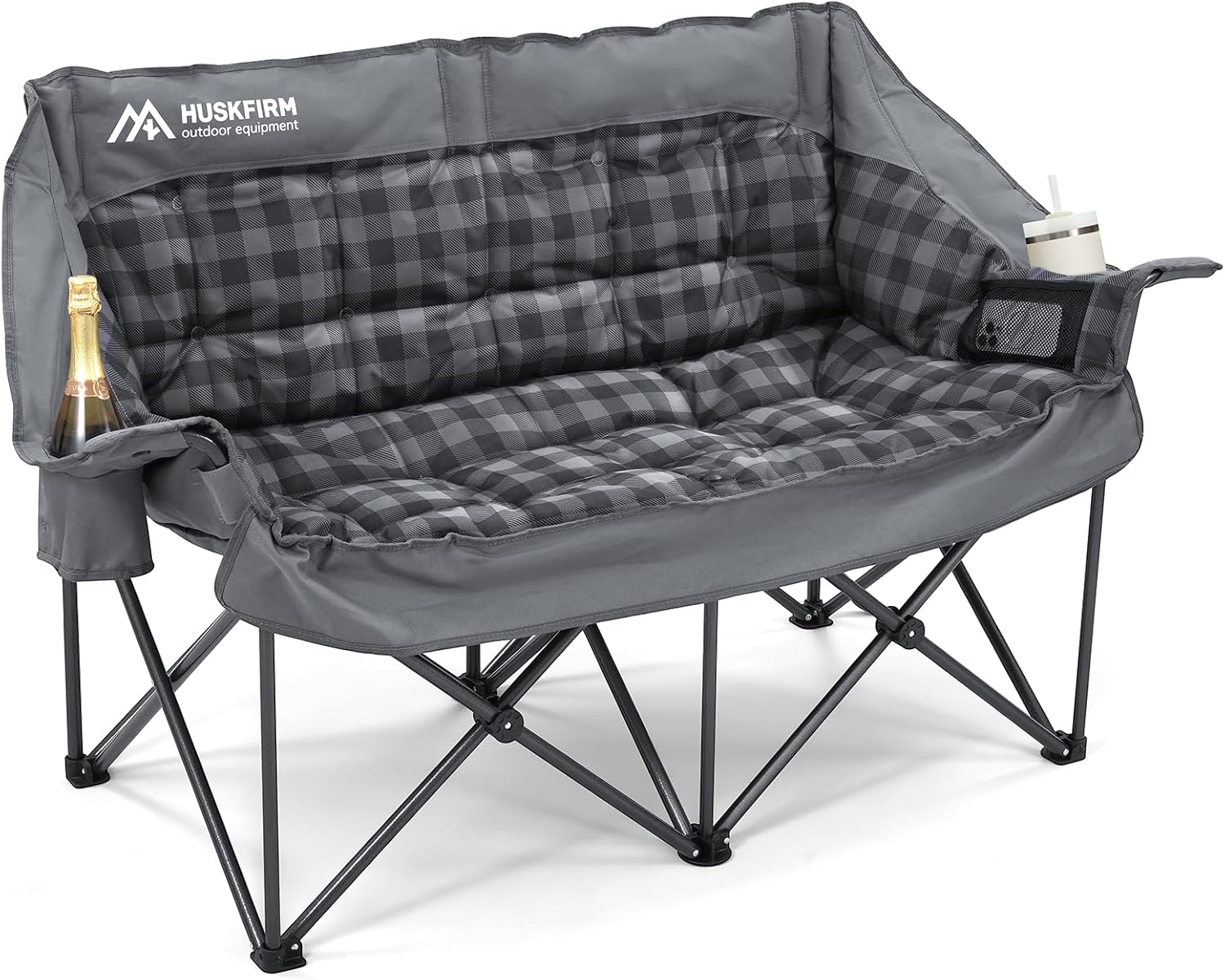 Double Camping Chairs Padded Loveseat Chair for 2 Person - Heavy Duty Oversized Camping Couch for Adults Outdoor Lawn Beach - Portable Folding Sofa with Cup Holders